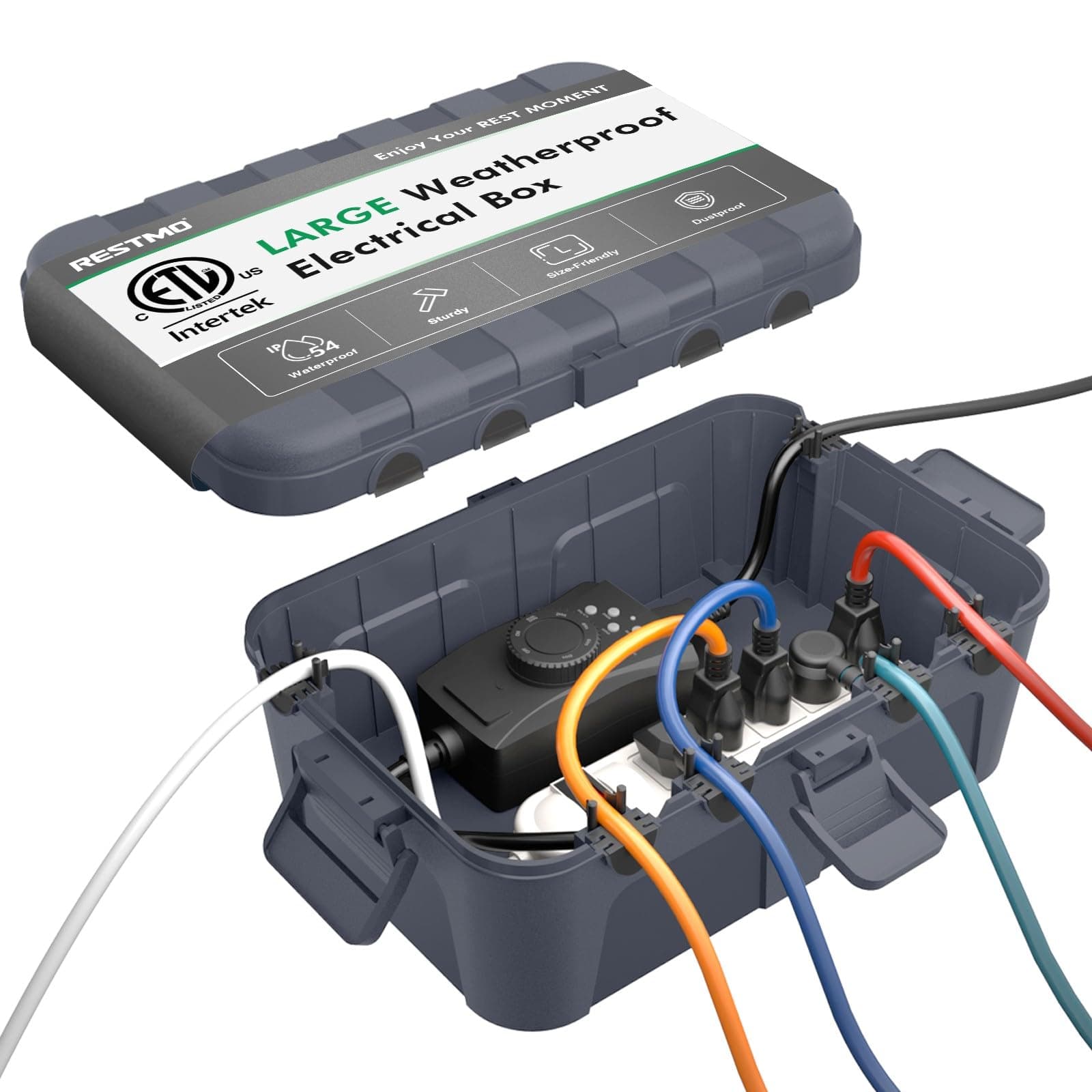 RESTMO Extra Large Waterproof Electrical Box (12.6×8.7×5.1 in), IP54 Weatherproof Outdoor Extension Lead Cover, Protect Outlet, Plug, Socket, Timer, Power Strip, Holiday Light Decoration, Grey