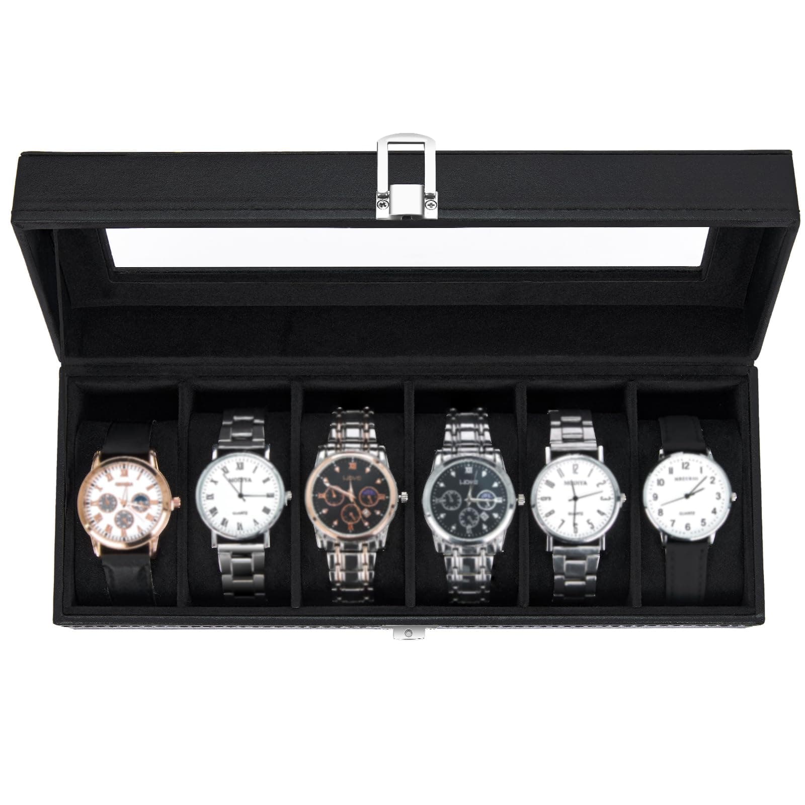 Ohuhu Watch Box with 6 Slots, Watch Case with Glass Lid, Watch Holder with Removable Velvet Pillows, PU Leather, Metal Clasp, Gift Idea for Birthday Valentine's Day