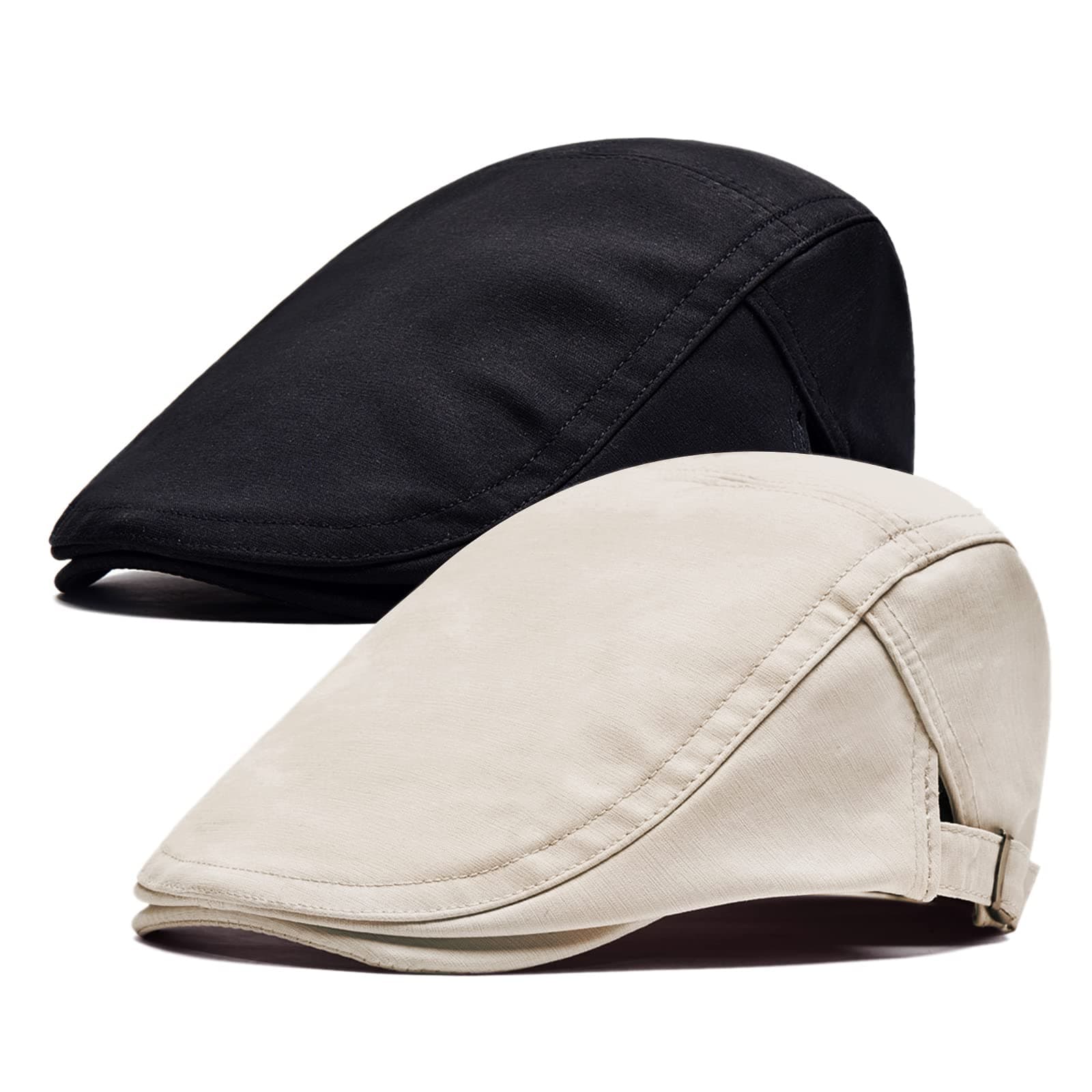 2 Pack Newsboy Hats for Men Flat Cap Cotton Adjustable Breathable Irish Cabbie Ivy Driving Gatsby Hunting Hat, B-light Beige/Black, One size