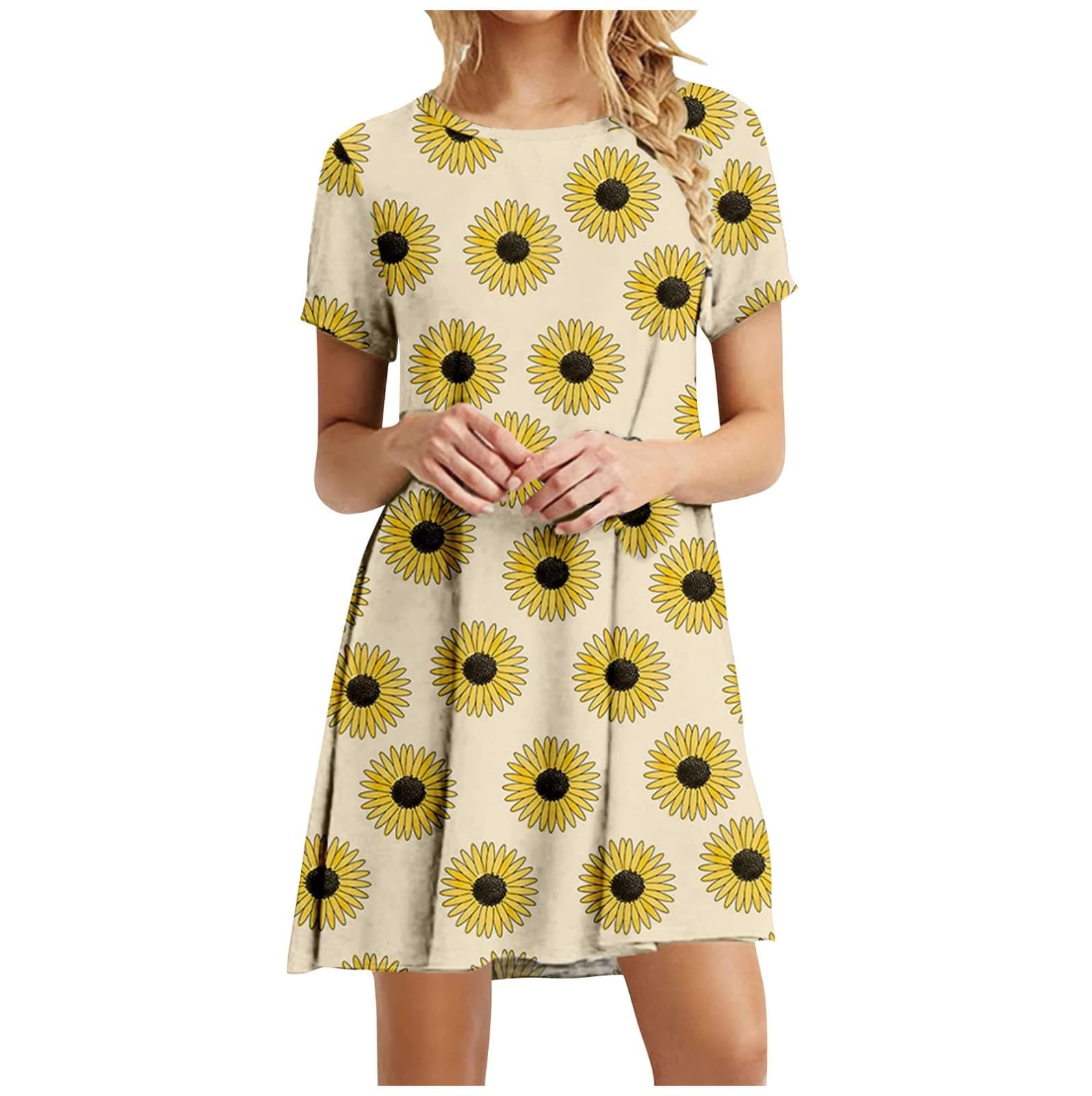 Women's Fashion Floral Printed Mini Dress Loose Comfortable Round Neck Dress Loose Short Sleeve Sundress