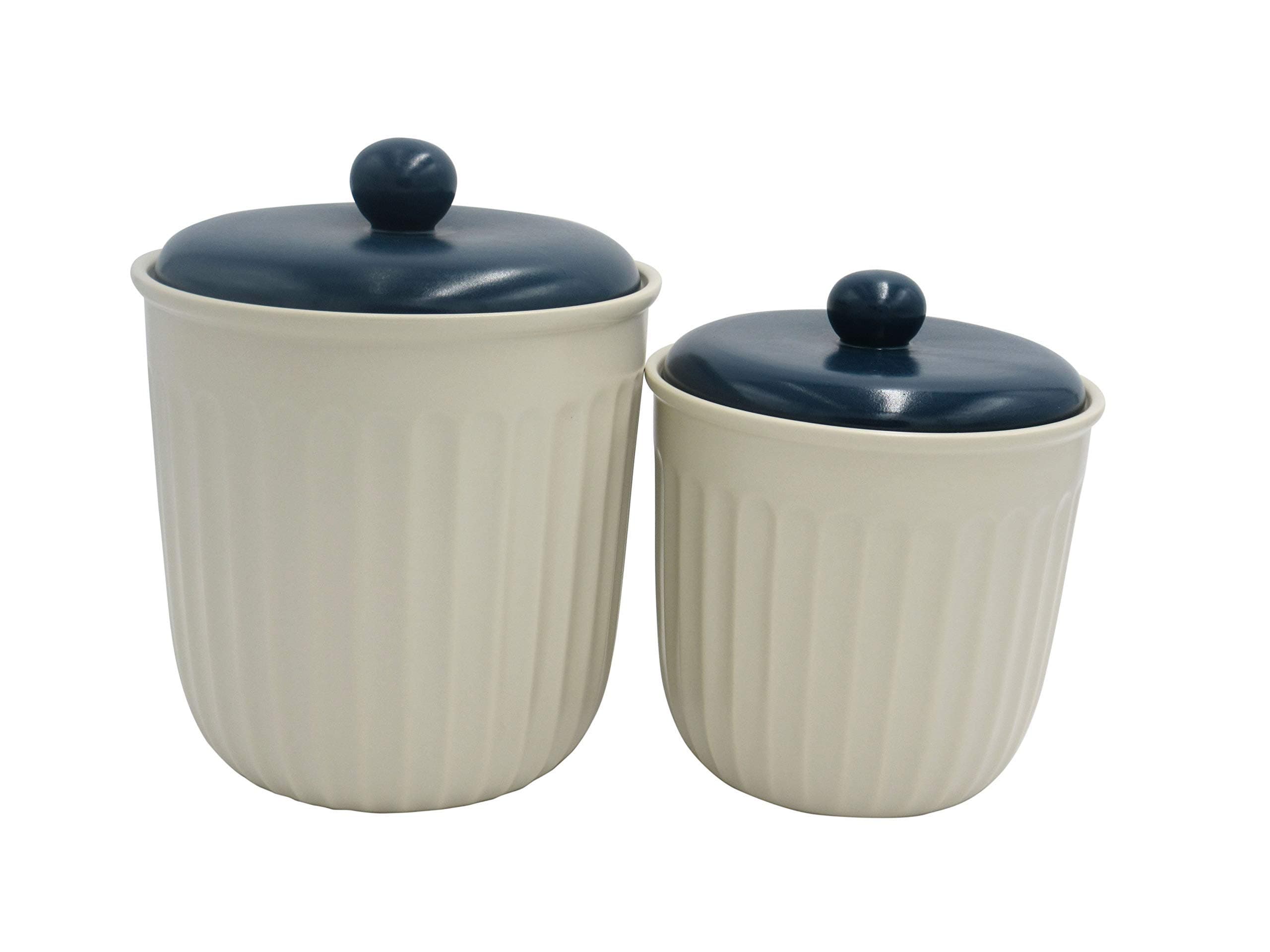 Amazon Brand – Ravenna Home Classic Stoneware 2-Piece Canister Set, 9.5"H and 7.625"H, White with blue