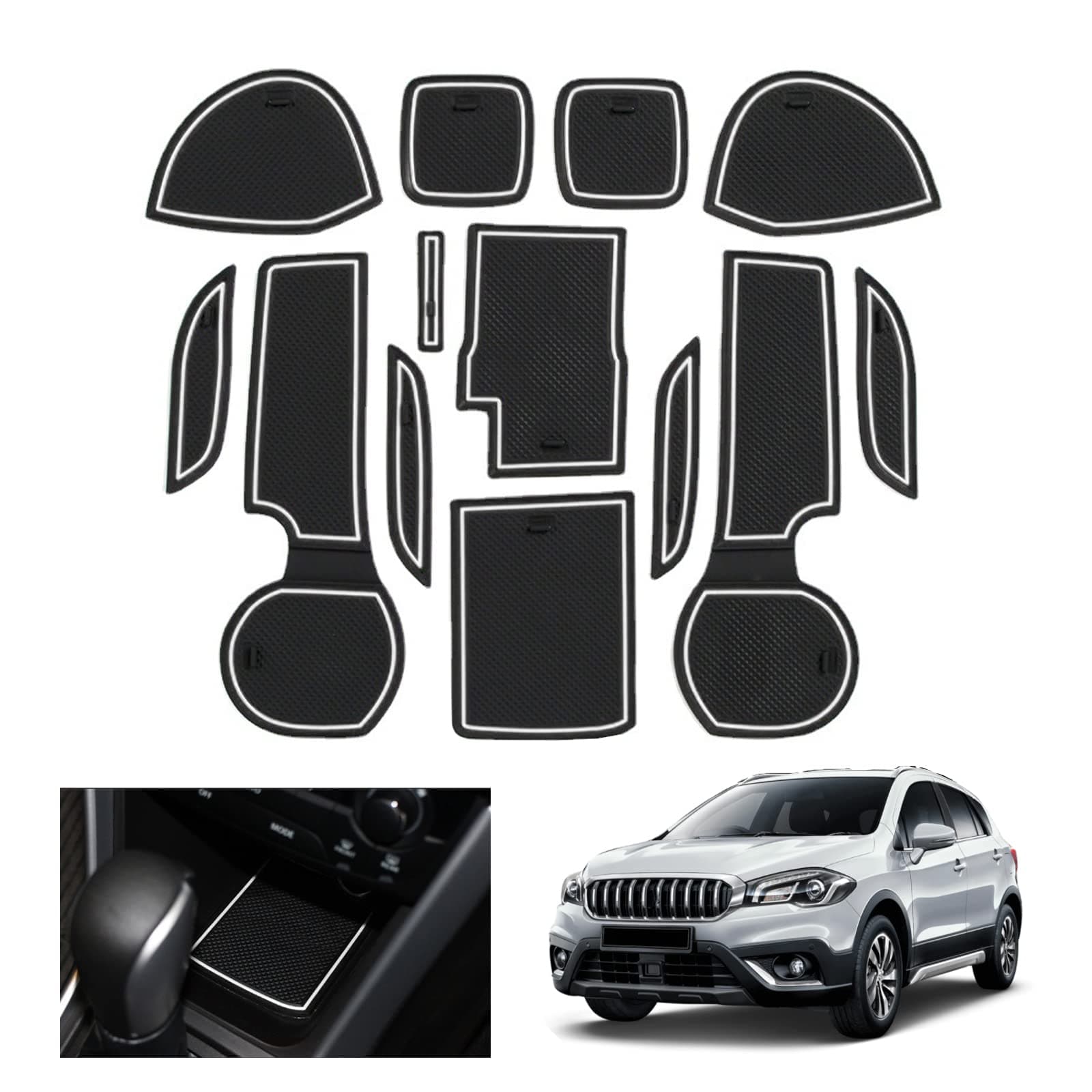 GAFAT Suzuki SX4 S-Cross 2016-2021 Non-Slip Rubber Mats - Centre Console, Cup Holder, Door Seam Mats - White