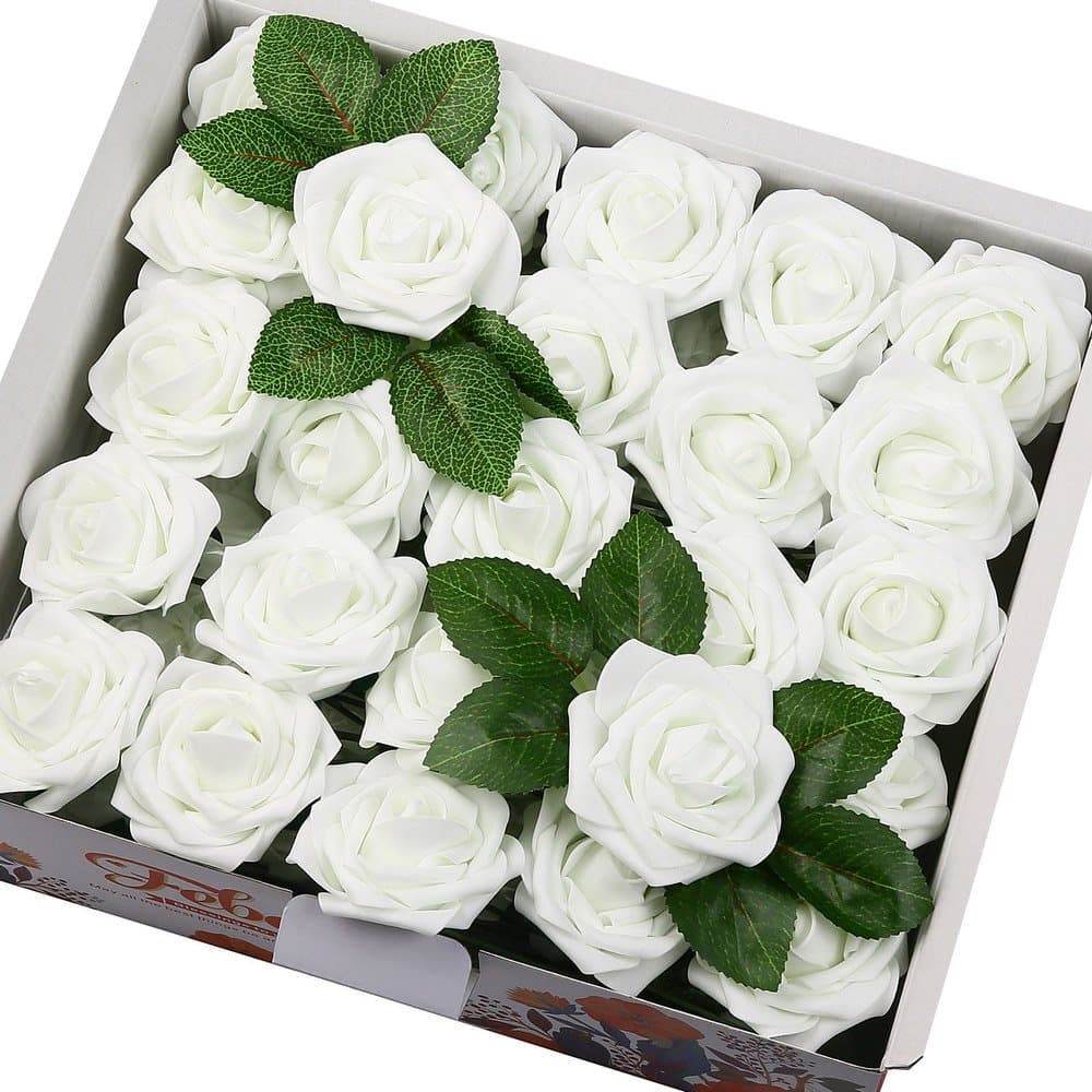 Febou Artificial Flowers 50pcs Real Touch Artificial Foam Roses with Stems for Decoration DIY Wedding Bridesmaid Bridal Bouquets Centerpieces Party Home Decoration (50PCS, White)