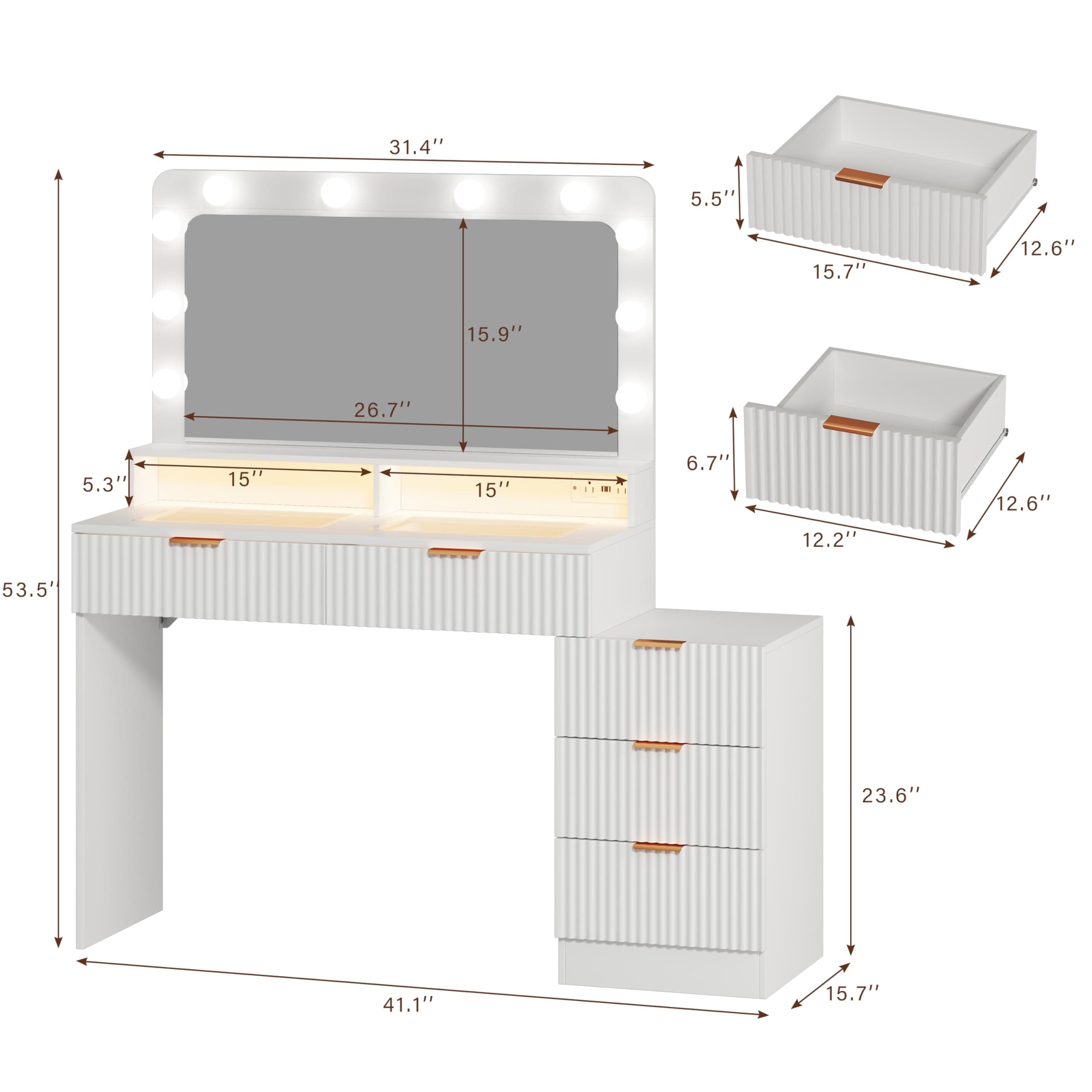 Fluted Vanity Desk with Mirror and Lights, Makeup Vanity Desk with Glass Top, Nightstand & Fluted Panel Design, 5 Drawers, 3 Colors Lighting Adjustable Brightness, Power Outlet, White