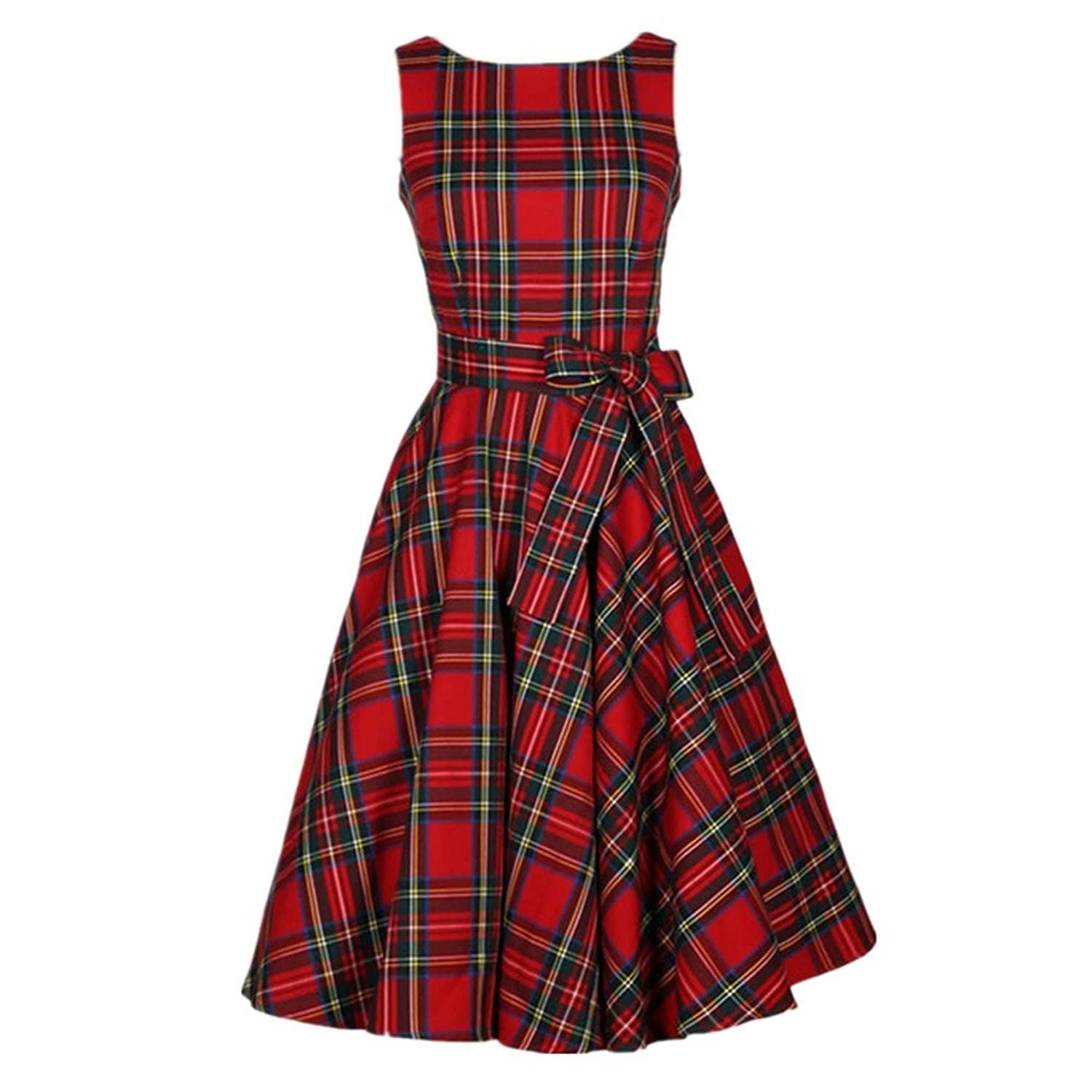 Retro Style 50s' Fashion Printed Plaid Red A-line Scottish Dress for Women 1950s Vintage Dresses Tartan Dress for Women (L=UK 14)
