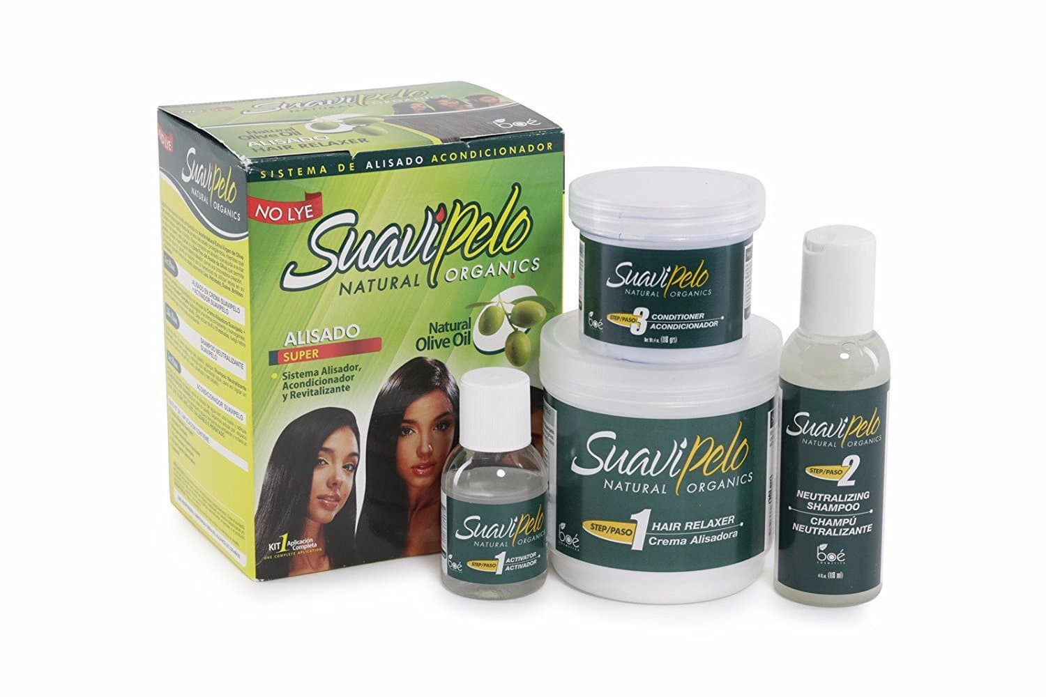 Suavi Pelo Natural Organics No lye hair relaxer kit with extra virgin olive oil (single kit)– relaxer cream, neutralising shampoo, Activator, deep conditioning treatment, guanidine hydroxide relaxer