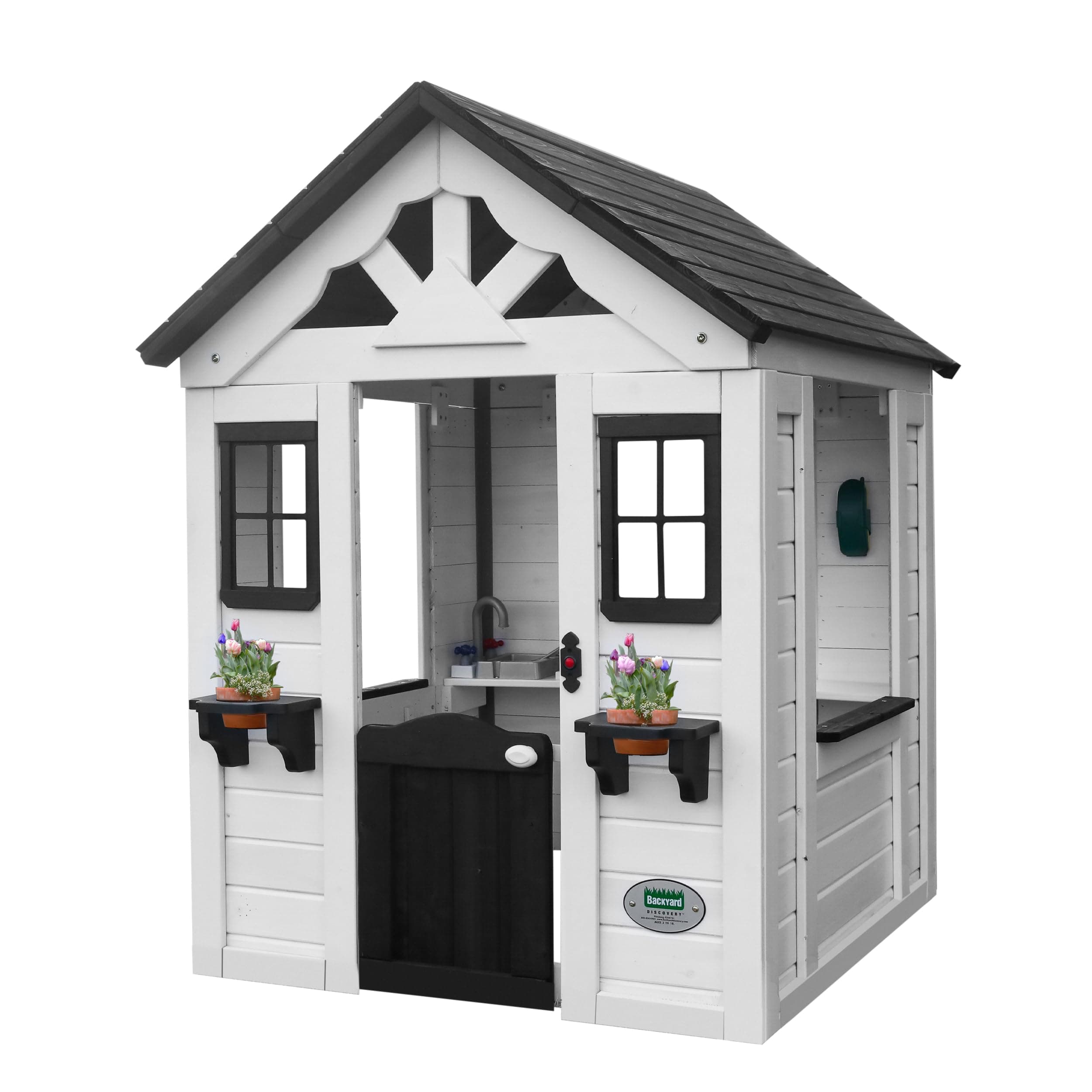 Backyard Discovery Sweetwater All Cedar White Modern Outdoor Wooden Playhouse Cottage Sink Stove Window Kitchen with Pots and Pans and Utensils Plant Pot Holder Working Doorbell 2-6 Years Old