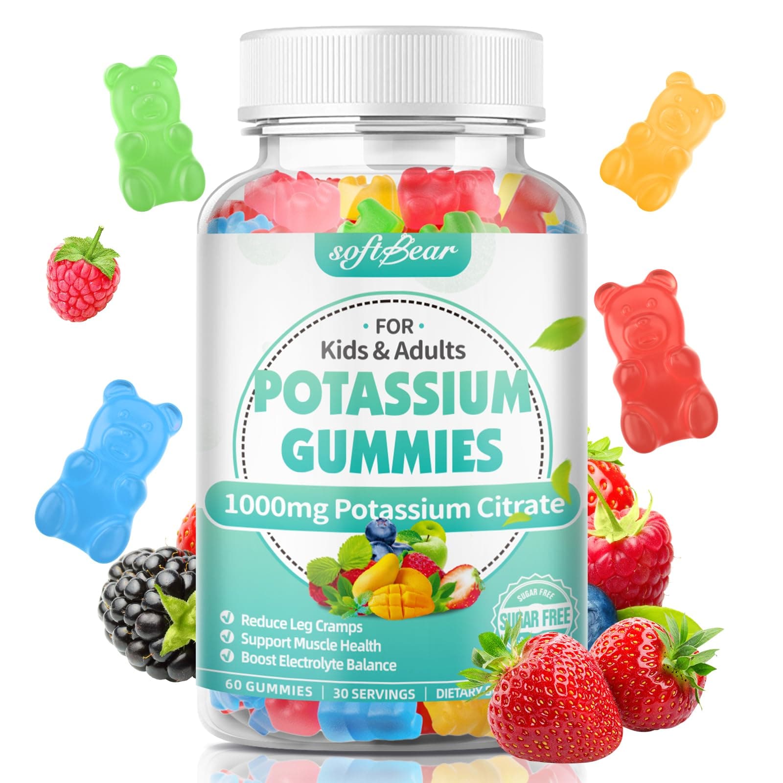 softbear Potassium Citrate Gummies, High Potency Potassium Citrate 1000mg Supports Leg Cramps & Muscle Health Potassium Gummies for Adults & Kids Mixed Fruit Flavor 60 Count