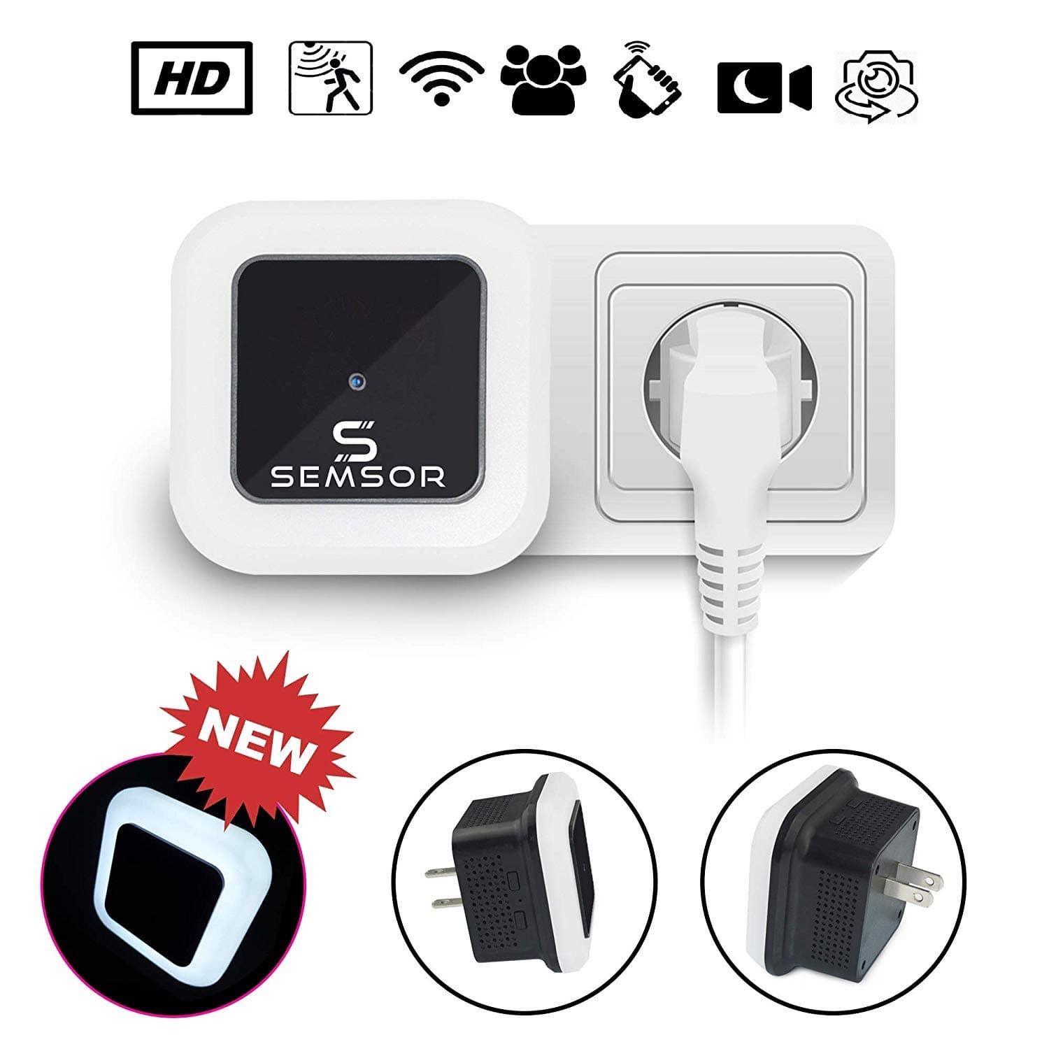 Semsor Night Light Hidden Spy Cam with Night Vision Feature. Easy Set Up, WiFi, P2P, 1080p Resolution, Motion Detection, 150 Degree Wide Angle, Loop Recording. for Home, Baby's Room, Surveillance