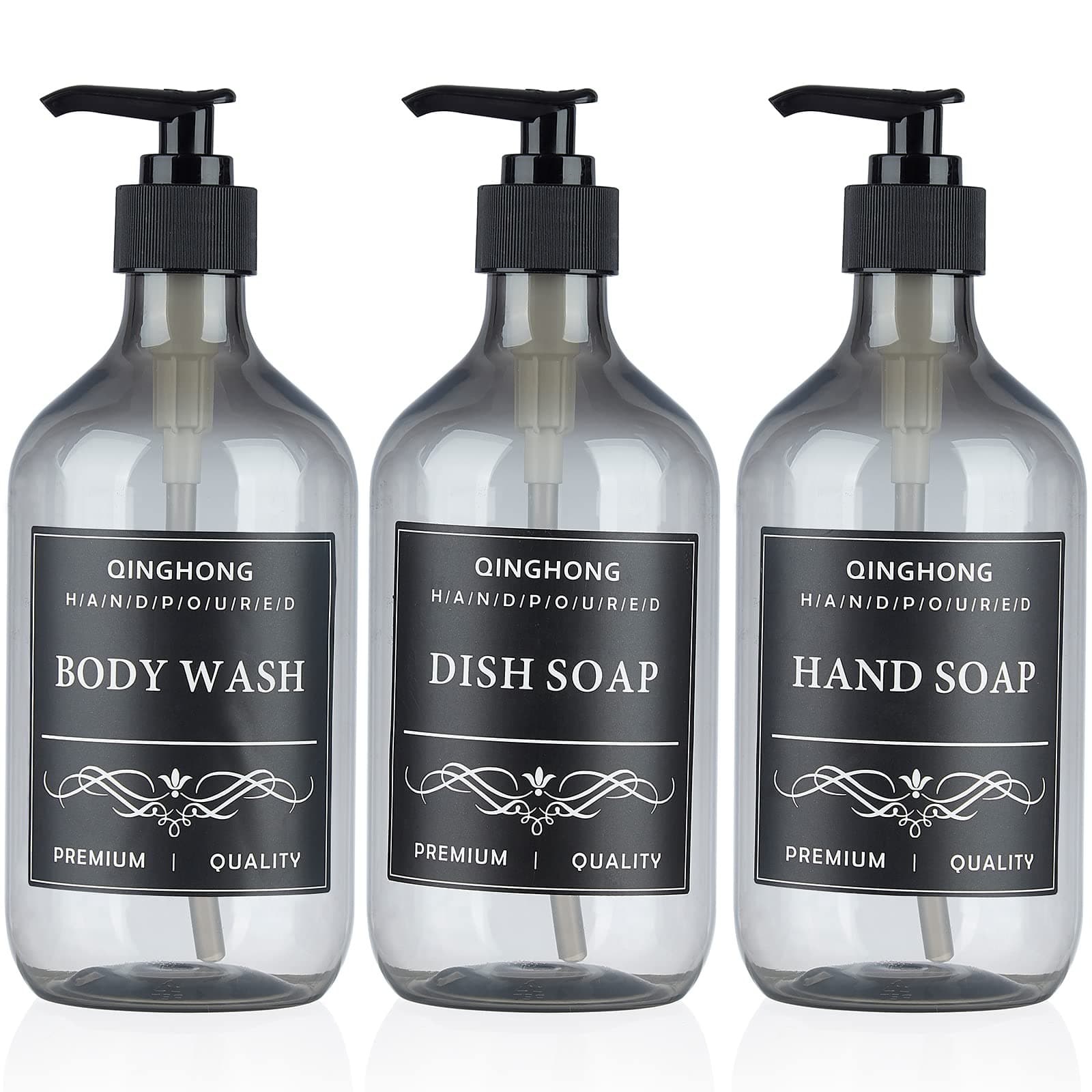 Set of 3 Shampoo and Conditioner Dispenser- Refillable Shampoo Bottles with Pump for Shower -16.9oz Soap Dispenser for Bathroom- 12 Waterproof Labels-Grey