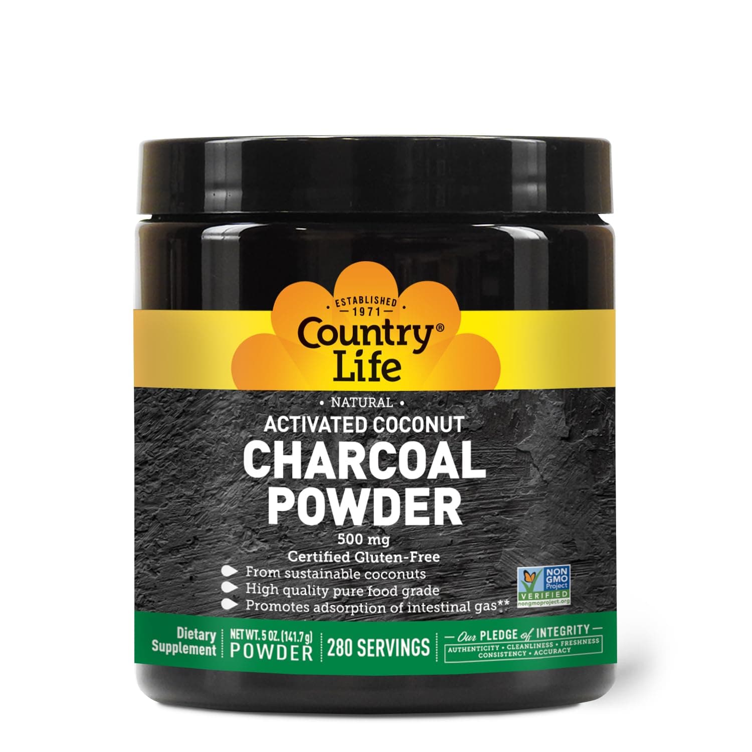 Country Life Activated Coconut Charcoal Powder 500mg – Natural Activated Charcoal for Digestive Health, Gas & Bloating Relief, DIY Uses - Non-GMO, Gluten-Free, Vegan, 5oz Powder
