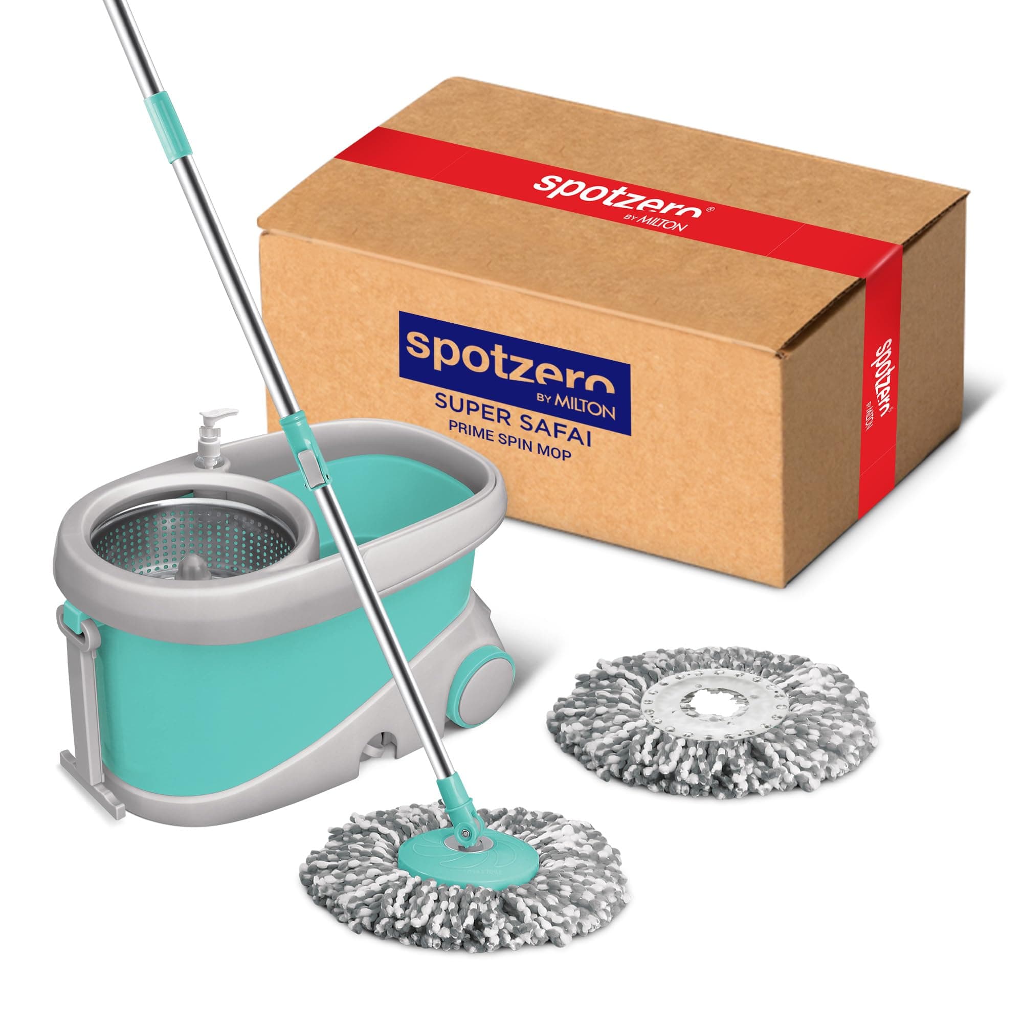 Spotzero by MILTON Spin Mop and Bucket with 2 Microfiber Refill, Liquid Dispenser, Wringer Set - Extendable Handle 360° Spinning Mop for Floor Cleaning, ممسحة ارضيات - Prime - Aqua Green