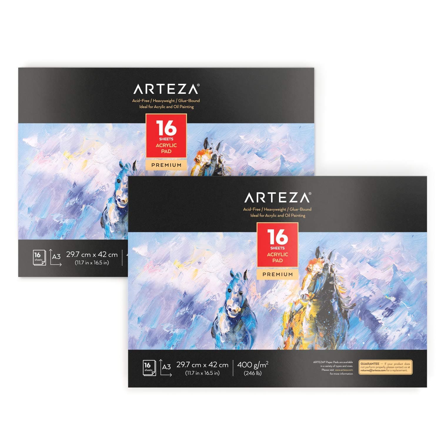 Arteza Acrylic Paper Pad, A3 (29.7 x 42 cm), Set of 2, Heavyweight Art Pad (400 GSM) with 16 Textured Sheets for Acrylic and Oil Painting