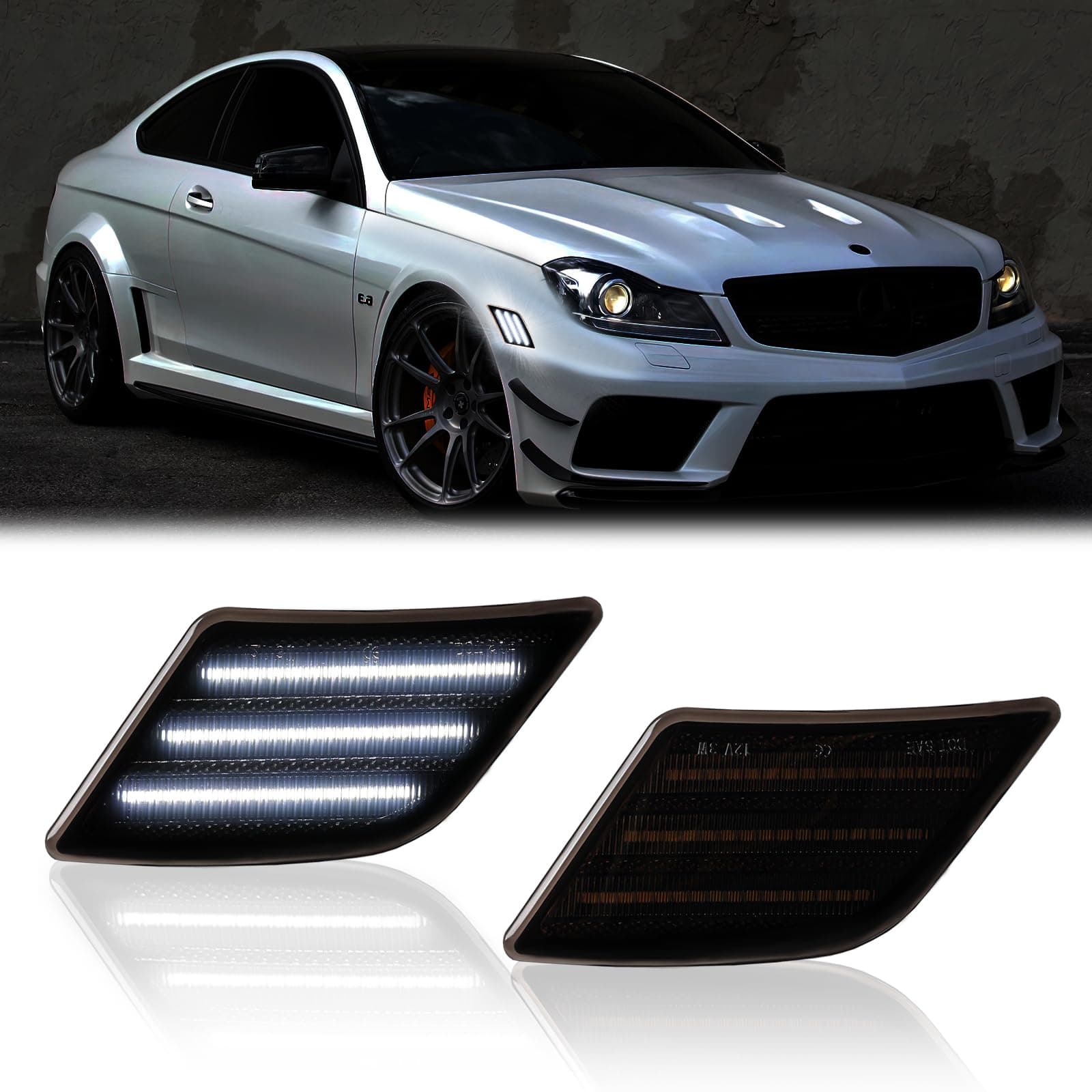 LED Side Marker Lights for 2008-2011 Mer'cedes-Benz Pre-LCI W204 C250 C300 C350 & 2008-2013 C63 AMG & 2005-2007 SL66 AMG, Smoked Len 2PCS (White)