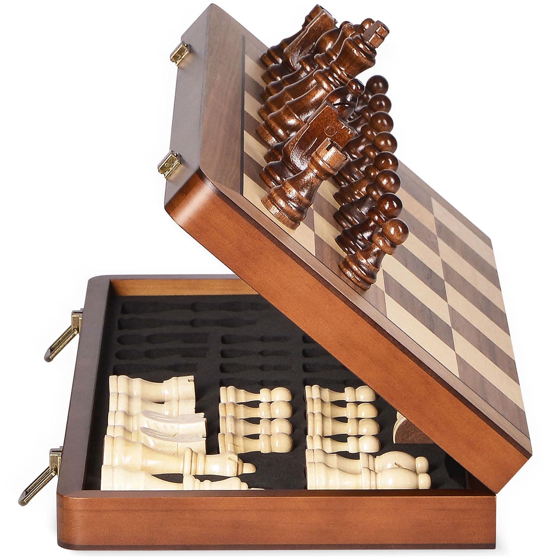 15" Wooden Chess Set with Magnetic Pieces - Extra Queens - Folding Chessboard Portable Travel Tournament Chess Board Games for Adults Kids