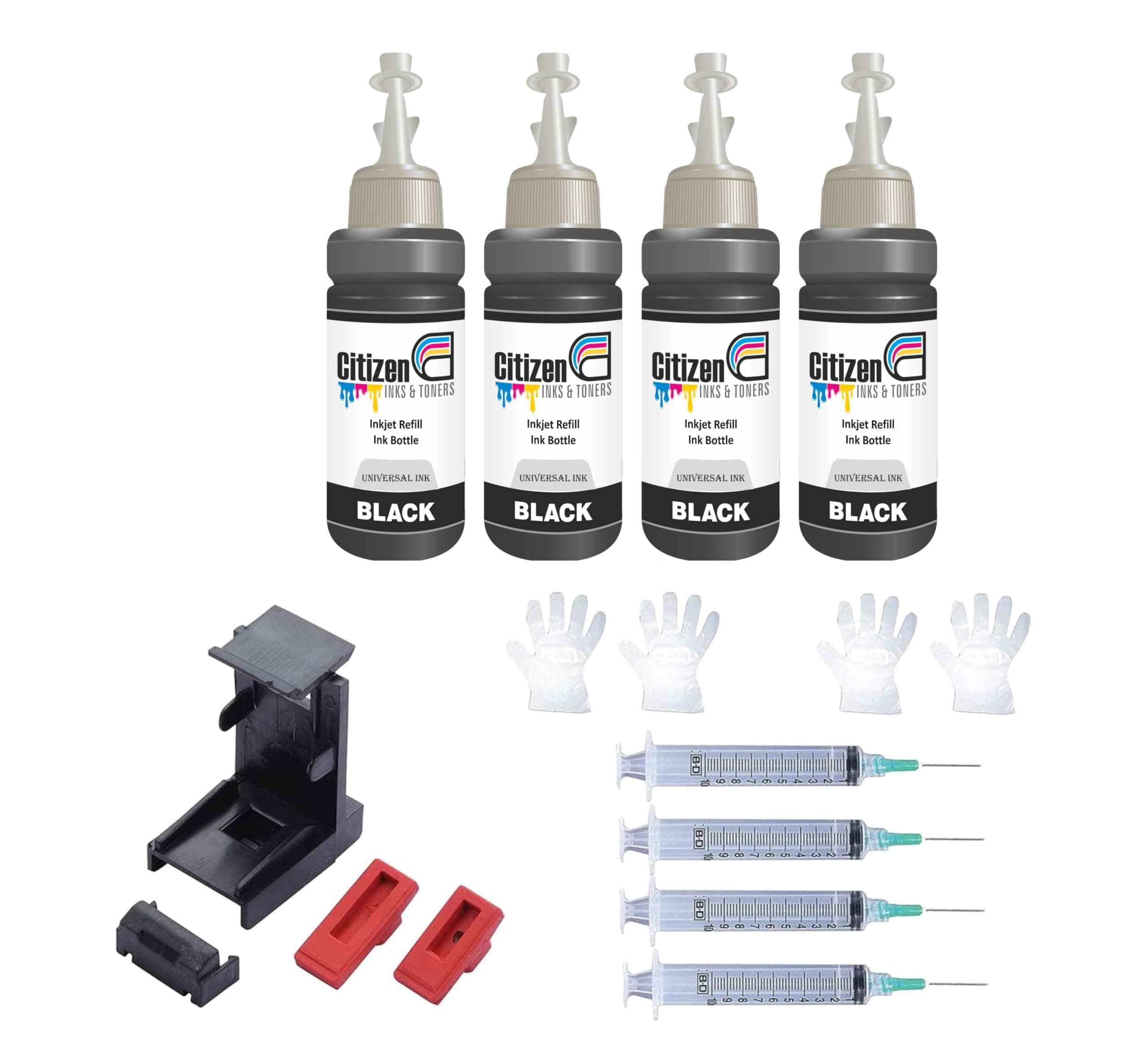 Refill Kit with Suction Tool Combo Pack of High Yield Inkjet Cartridge Ink Refill Compatible for HP and Canon Cartridge Printers - 100ml Per Bottle (4 bk 4 Syringe 1 Suction Tools)