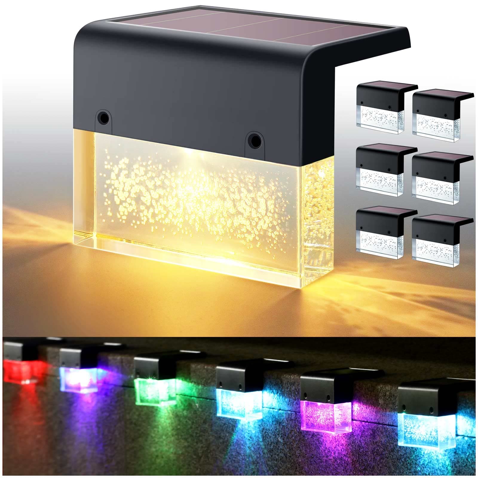 DenicMic Solar Deck Lights, Led Solar Step Lights Outdoor for Stair, Fence, Railing,Patio Garden, Step, Super Bright 10 lumens, 2 Lighting Modes, Warm White/Color Changing 6 Pack