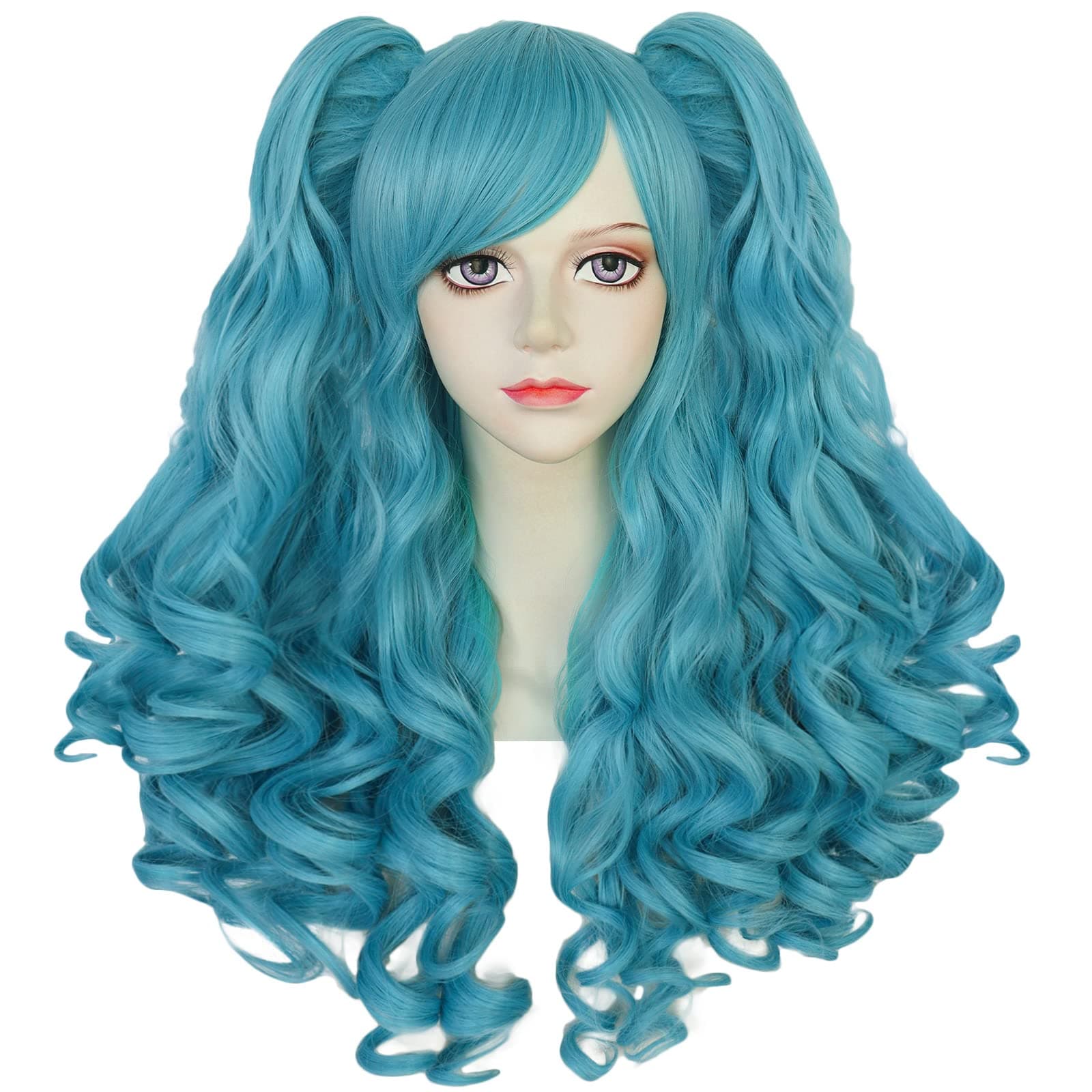 ANOGOL Hair Cap+ Long Blue Curly Ponytail Wig Light Blue Wigs with 2 Ponytails Lolita Wig with Bangs for Women Anime Wigs Peluca Azul for Cosplay Costume Halloween Party