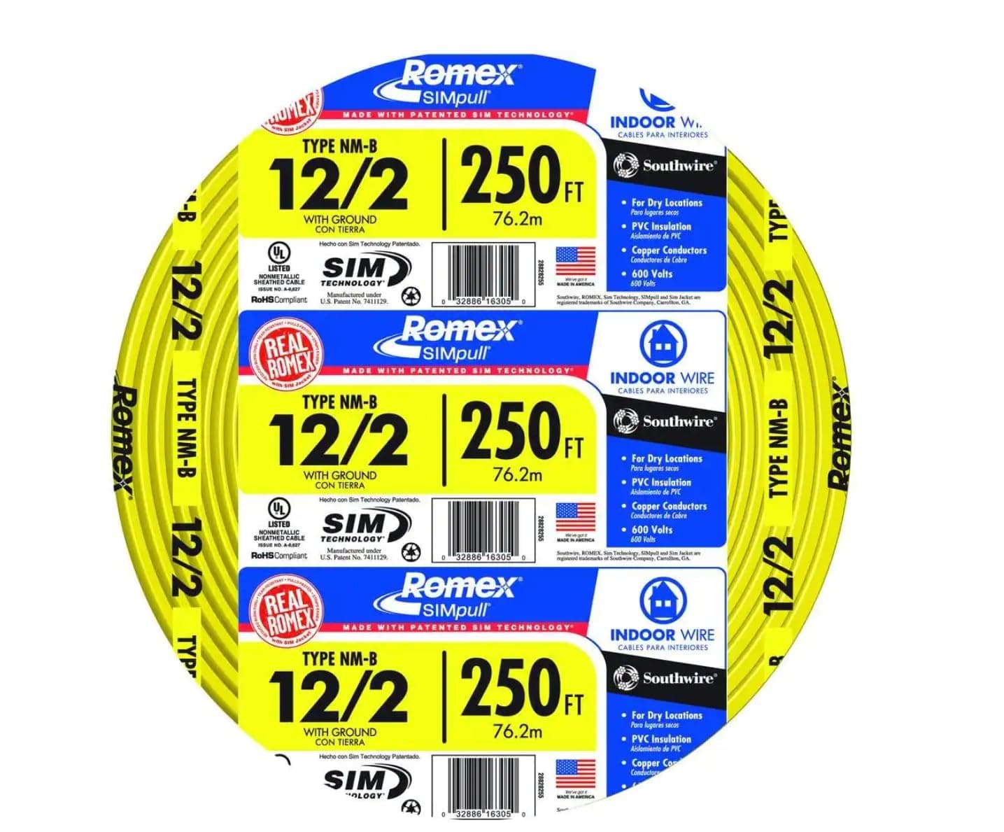 28828255 250' 12-2 NMW/G WIRE, 12 AWG, Yellow