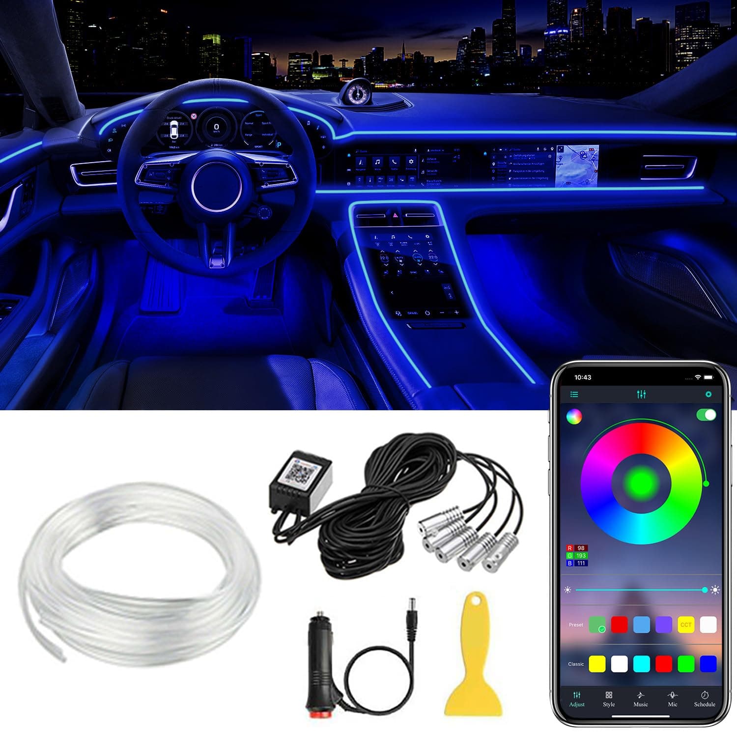 QVEVDACAR Car LED Strip Lights, LEDCARE Multicolor Interior Car Lights,16 Million Colors 5 in 1 Ambient Lighting Kit with 236 inches Fiber Optic, Function and Wireless APP Control (5 in 1 APP)