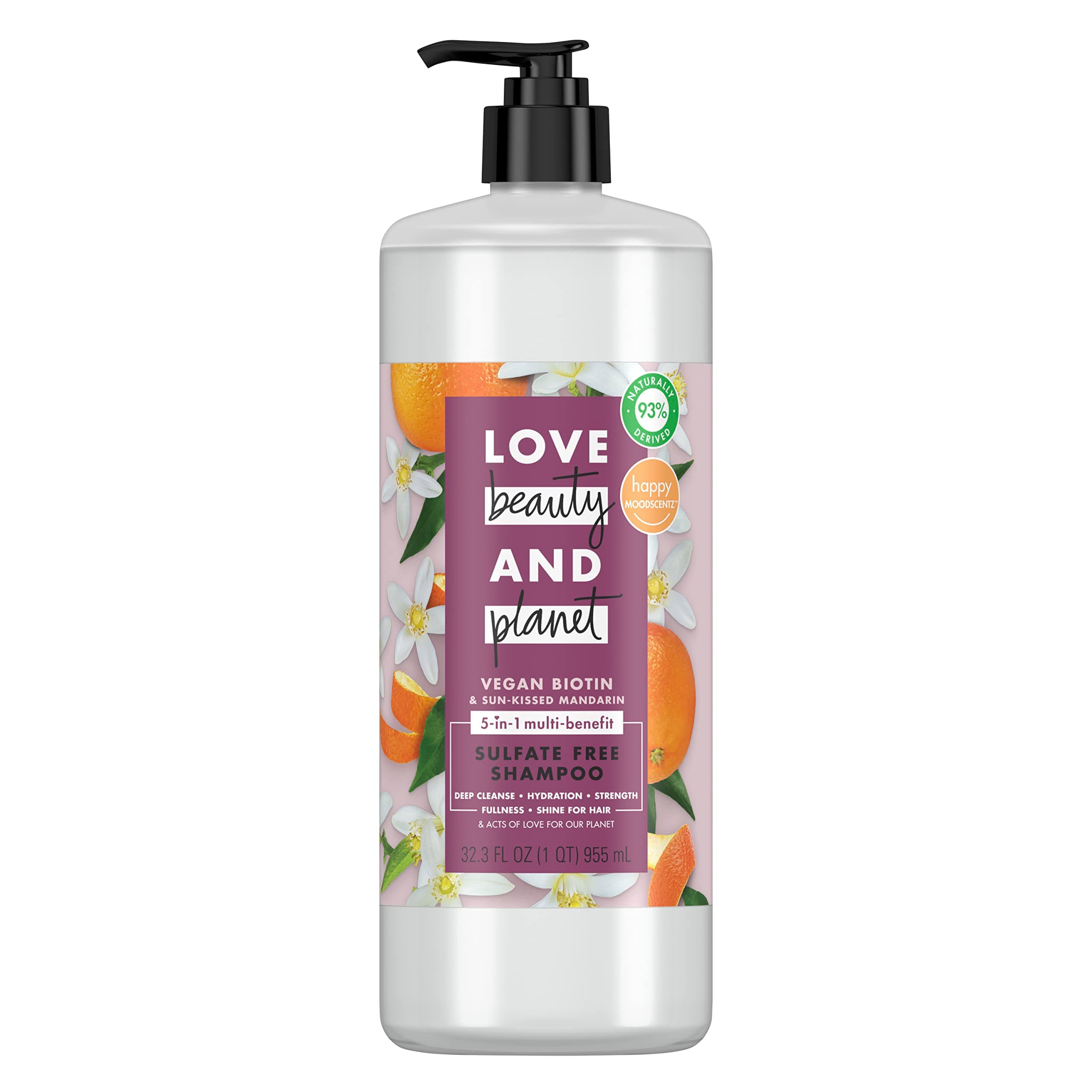 Love Beauty And PlanetSulfate-Free Shampoo Vegan Biotin & Sun-Kissed Mandarin Deep Cleanse, Hydrate, Strengthen, Volumize & Shine 5-in-1 Multi-Benefit Nourishing Shampoo 32 oz