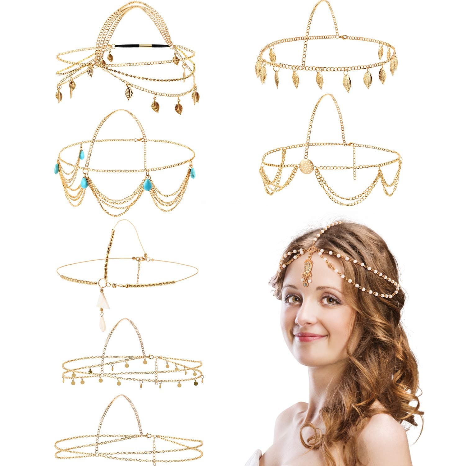 8-Piece Gold Head Chain Jewelry Boho Headband Headpiece Coins Pearl Tassel Hair Band Festival Prom Wedding for Women and Girls (Style A)
