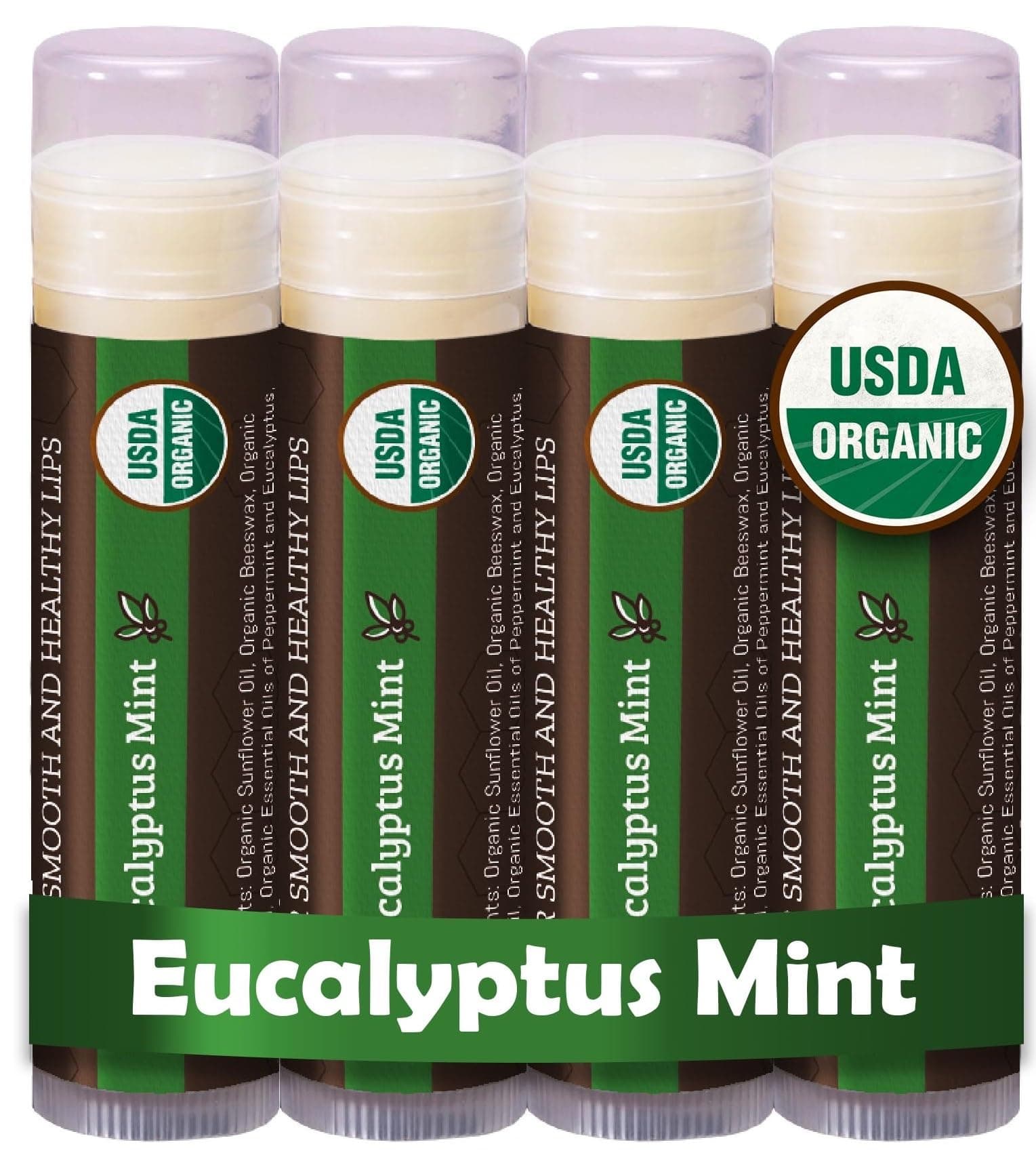 Earth's Daughter USDA Organic Lip Balm 4-Pack Eucalyptus Mint Flavor - Beeswax, Coconut Oil, Vitamin E - Best Lip Repair Chapstick for Dry Cracked Lips.