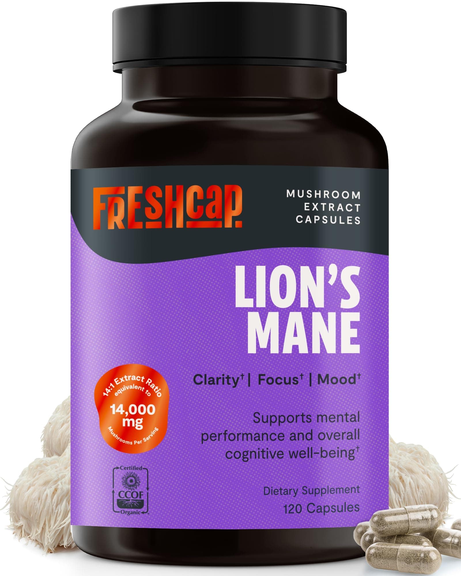 FreshCap Mushrooms Lion's Mane Supplement - Natural Nootropic for Brain Health, Cognition and Mood- Two Month Supply (120 Capsules) - Organic and Dual Extracted 1000 mg