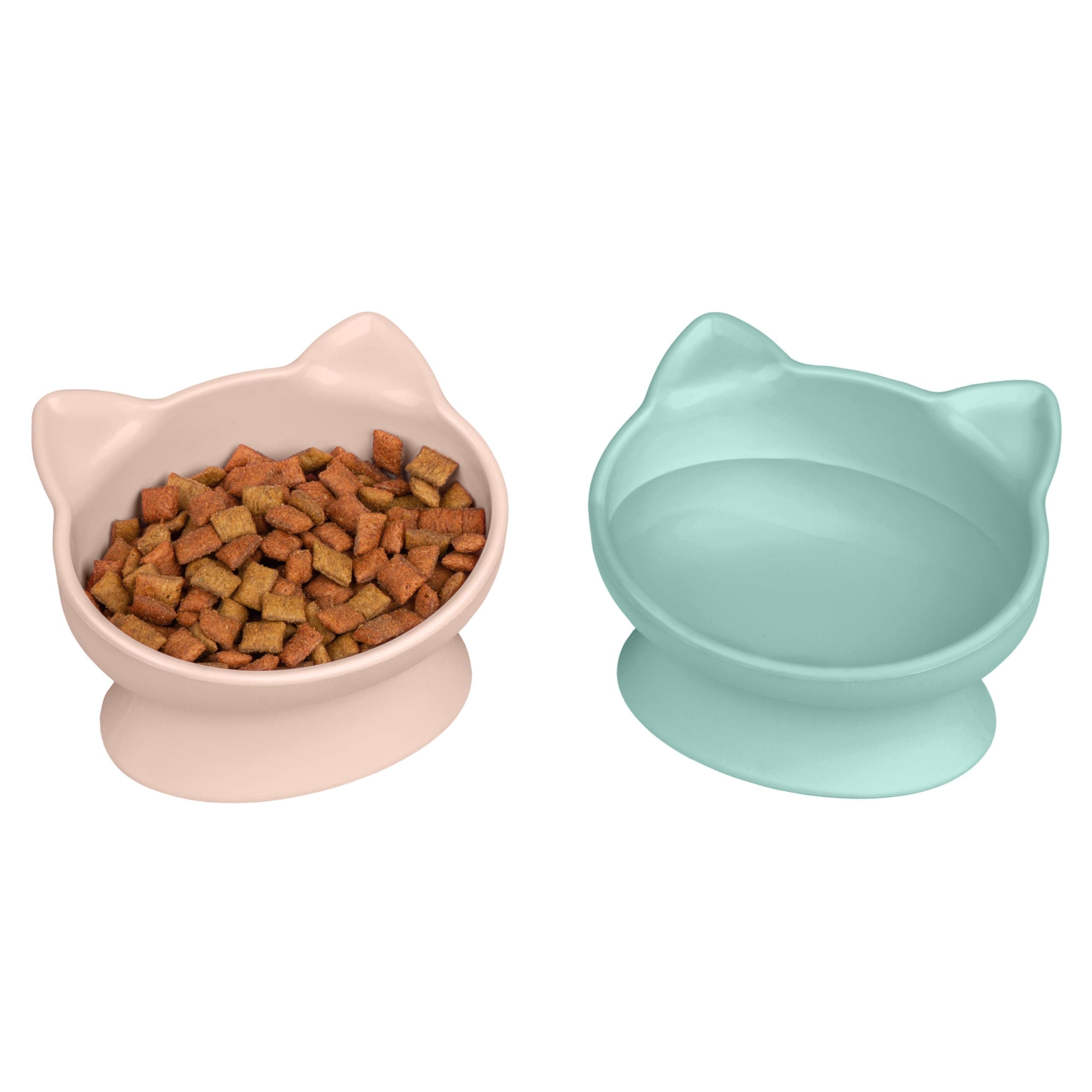 Elevated Cat Bowls (Set of 2), Whisker-Friendly Raised Cat Food & Water Dishes, Modern Pedestal Design, Dishwasher Safe, 6.5 oz Each – Pink & Teal