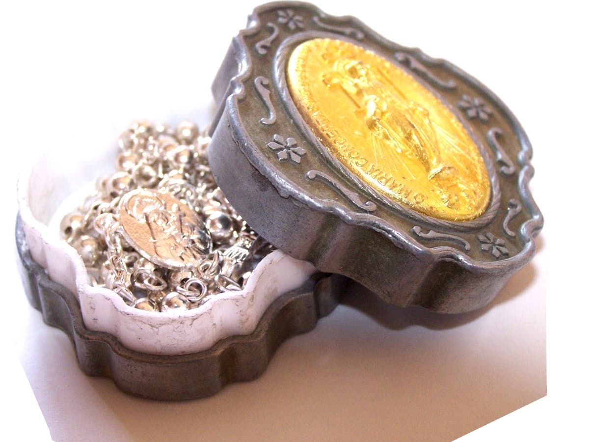 Silver tone beads Rosary with special Pewter Rosary box (3mm beads - 16 inche.