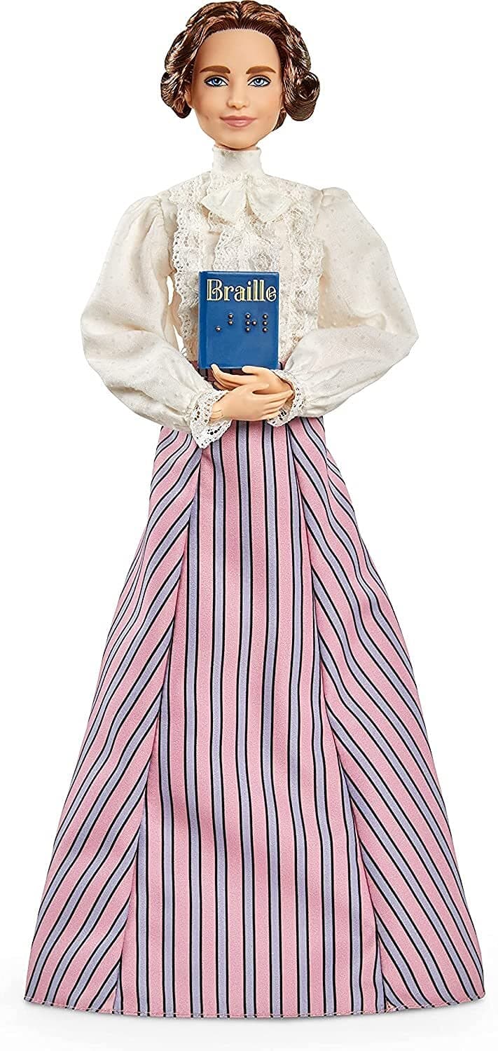 Inspiring Women Helen Keller Doll (12-inch) Wearing Blouse and Skirt, with Doll Stand & Certificate of Authenticity, Gift for Kids & Collectors, Pink