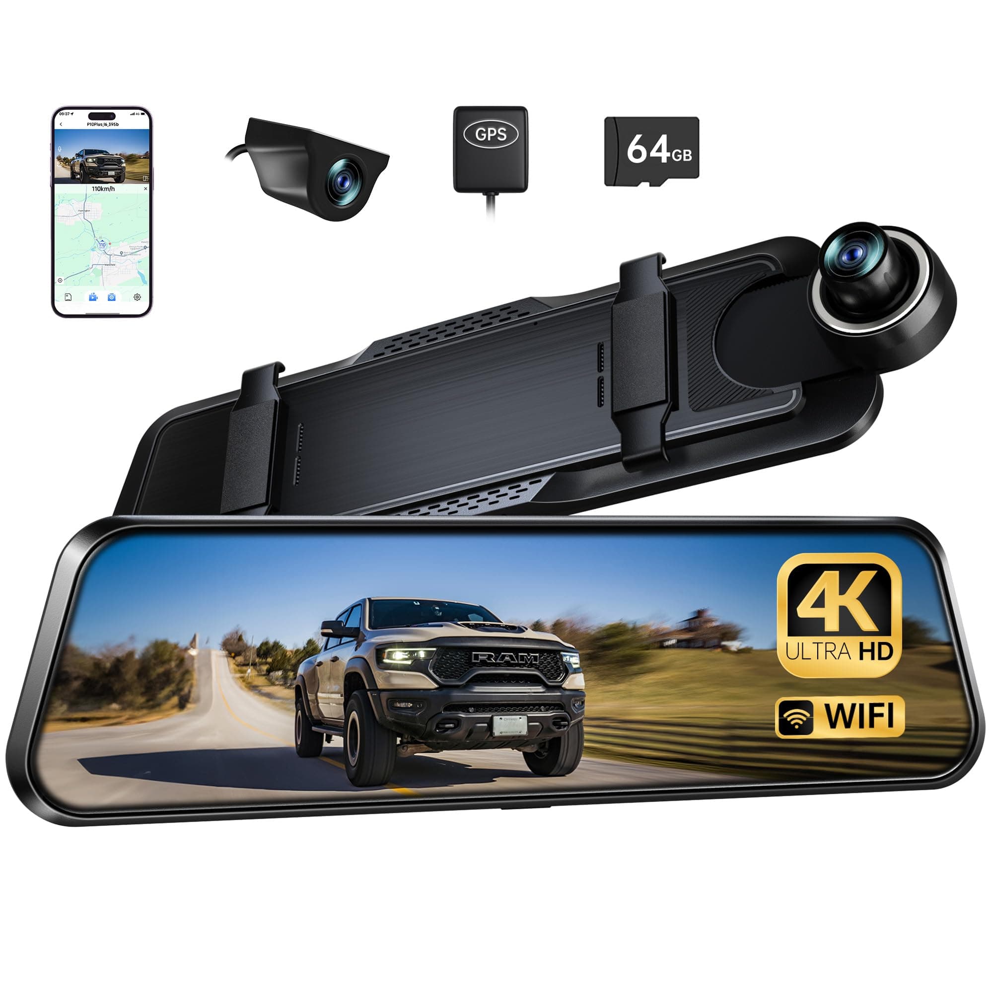 Pelsee P10 Plus 4K Rear View Mirror Camera with ADAS and BSD, 5.8GHz WiFi Mirror Dash Cam Front and Rear, Backup Camera for Car, GPS, 64GB Card Included, WDR Night Vision, Voice Control, 10” Display