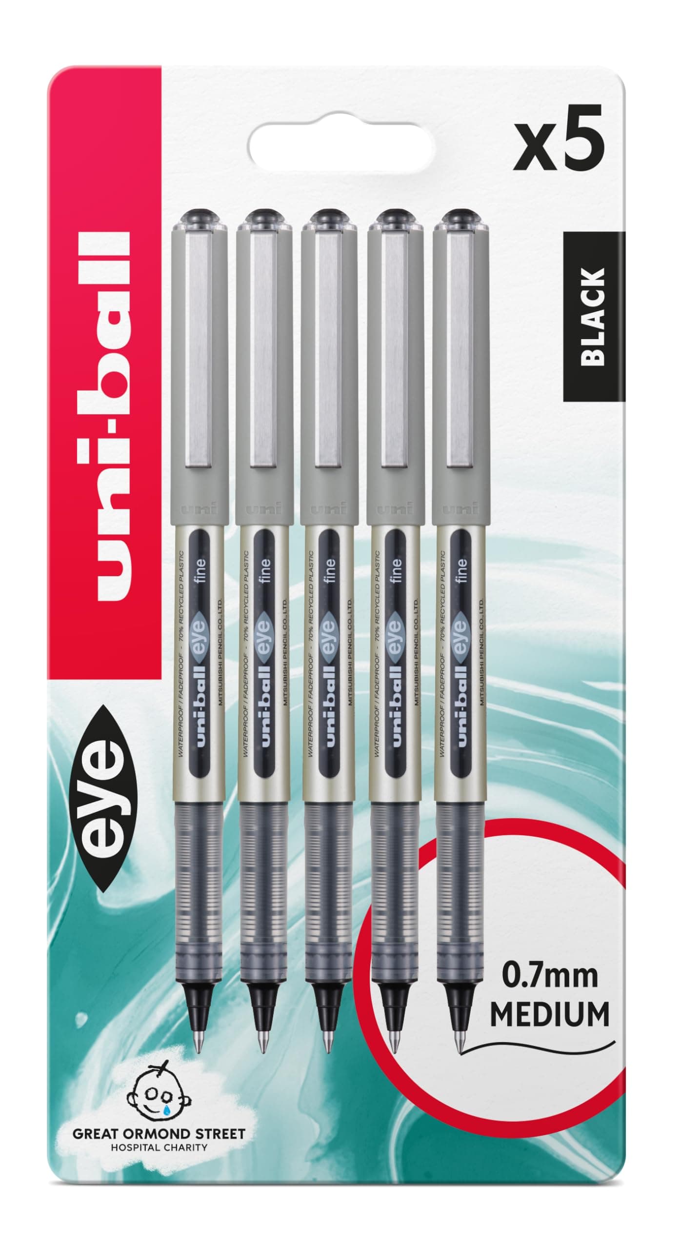 uni-ball Eye UB-157 Black Rollerball Pens. Premium Fine 0.7mm Ballpoint Tip for Super Smooth Handwriting, Drawing, Art, Crafts and Colouring. Fade and Water Resistant Liquid Uni Super Ink. Pack of 5