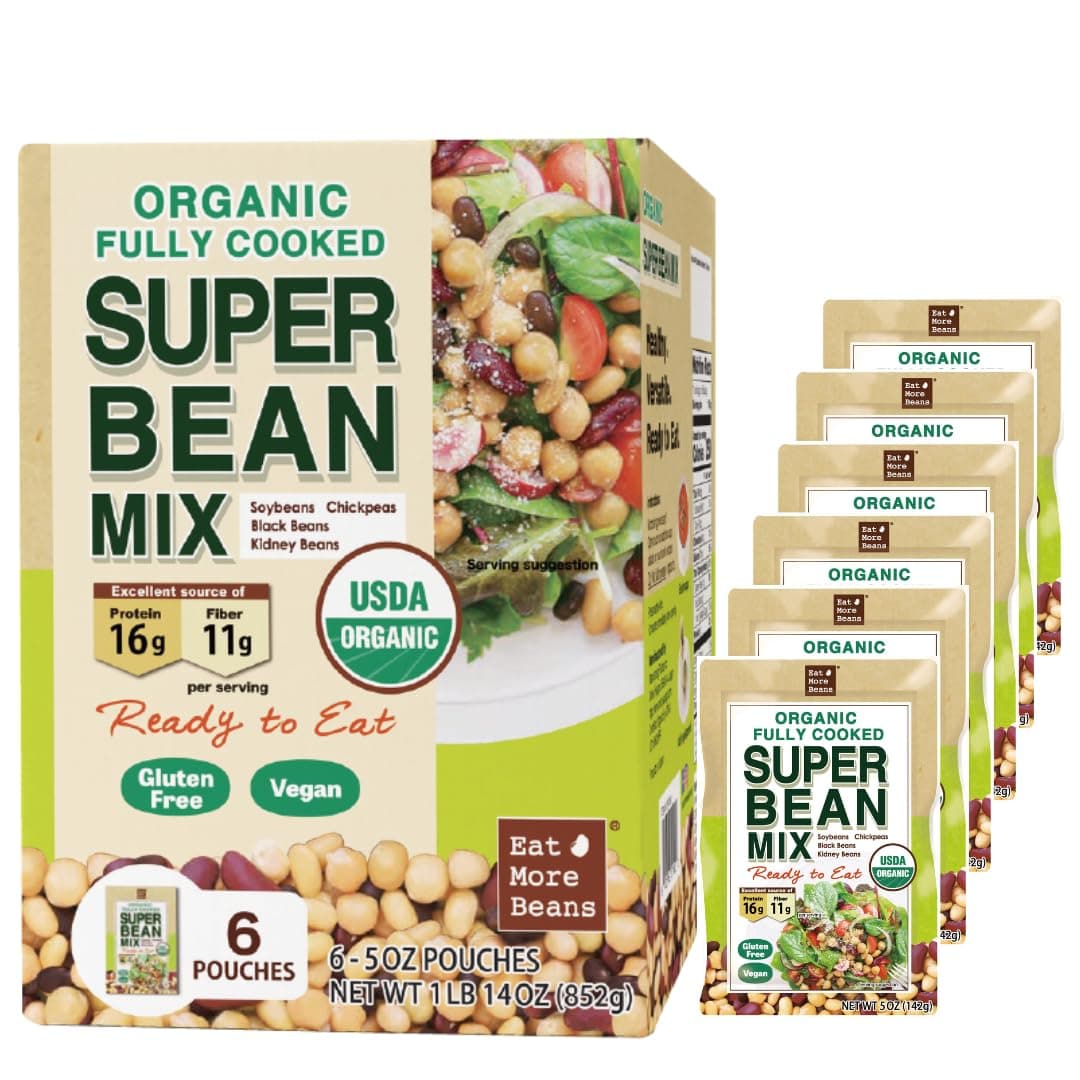 【Eat More Beans】Organic Fully Cooked Super Bean Mix, steamed bean, healthy salad toppings, plant-based protein, vegan, organic, non-GMO, Edamame, Chickpeas, Black Beans, Kidney Beans (5oz, 6packs)