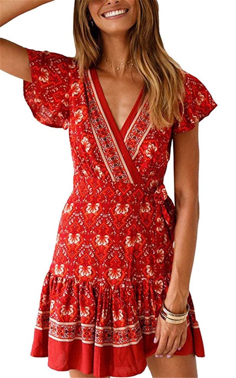 Vruan Summer Dresses for Women Short Sleeve A-line Bohemian Floral Print Casual Dresses V Neck Beach Mini Ruffle Dresses with Belt 5 Color Size 8-20