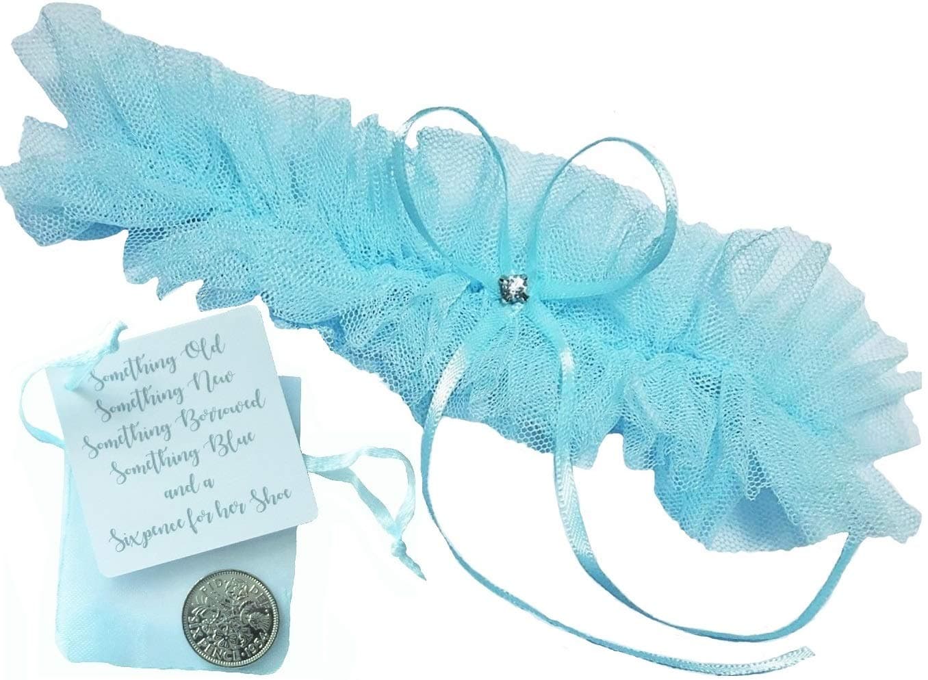 Blue Garter and Lucky Sixpence Gift for the Bride to be with cream card bag for her wedding day bridal present