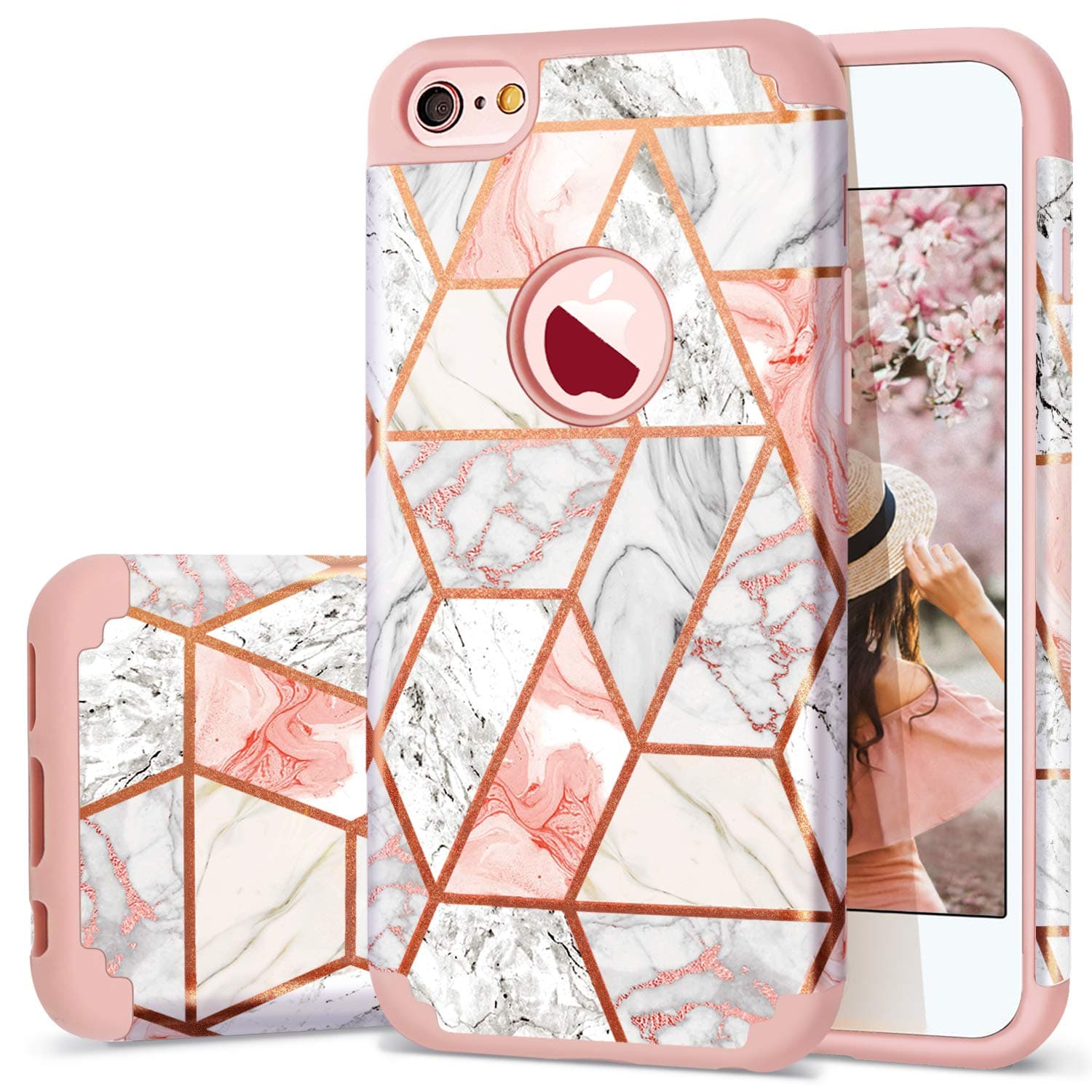Fingic for iPhone 6s Case,iPhone 6 Case,Rose Gold Marble Design for Girls Shiny Glitter Bumper Hybrid Hard PC Soft Silicone Rubber Anti-Scratch Shockproof Protective Case Cover for Apple iPhone 6/6S