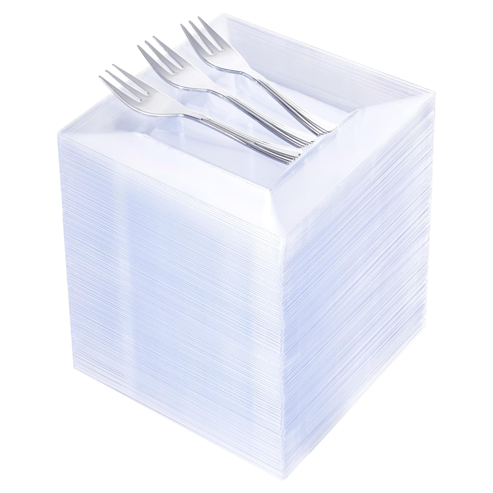 supernal 200pcs Clear Dessert Plates with Silver Dessert Fork, Clear Square Plates, Appetizer Plates,Silver Plastic Silverware, Perfect Choice for Wedding and Party,Easter