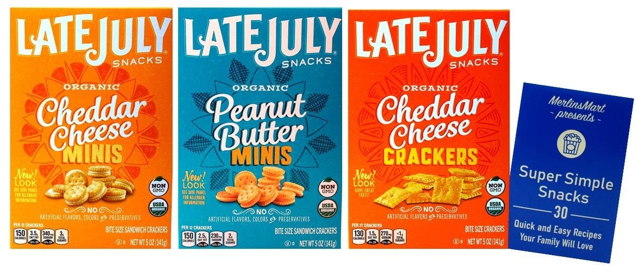 Late July Organic Mini Crackers | Non-GMO | 3 Flavor Variety (1) each: Peanut Butter Minis, Cheddar Cheese Squares, Cheddar Cheese Minis (5 Ounce Boxes) Plus Recipe Booklet Bundle