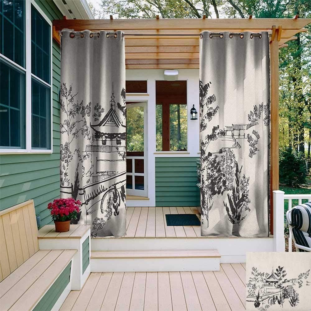 leinuoyi Ancient China, Outdoor Curtain Extra Long, Hand Drawn Illustration of Temple in Town of Dali Yunnan Province Monastery, Set for Patio Waterproof W120 x L108 Inch Black Beige