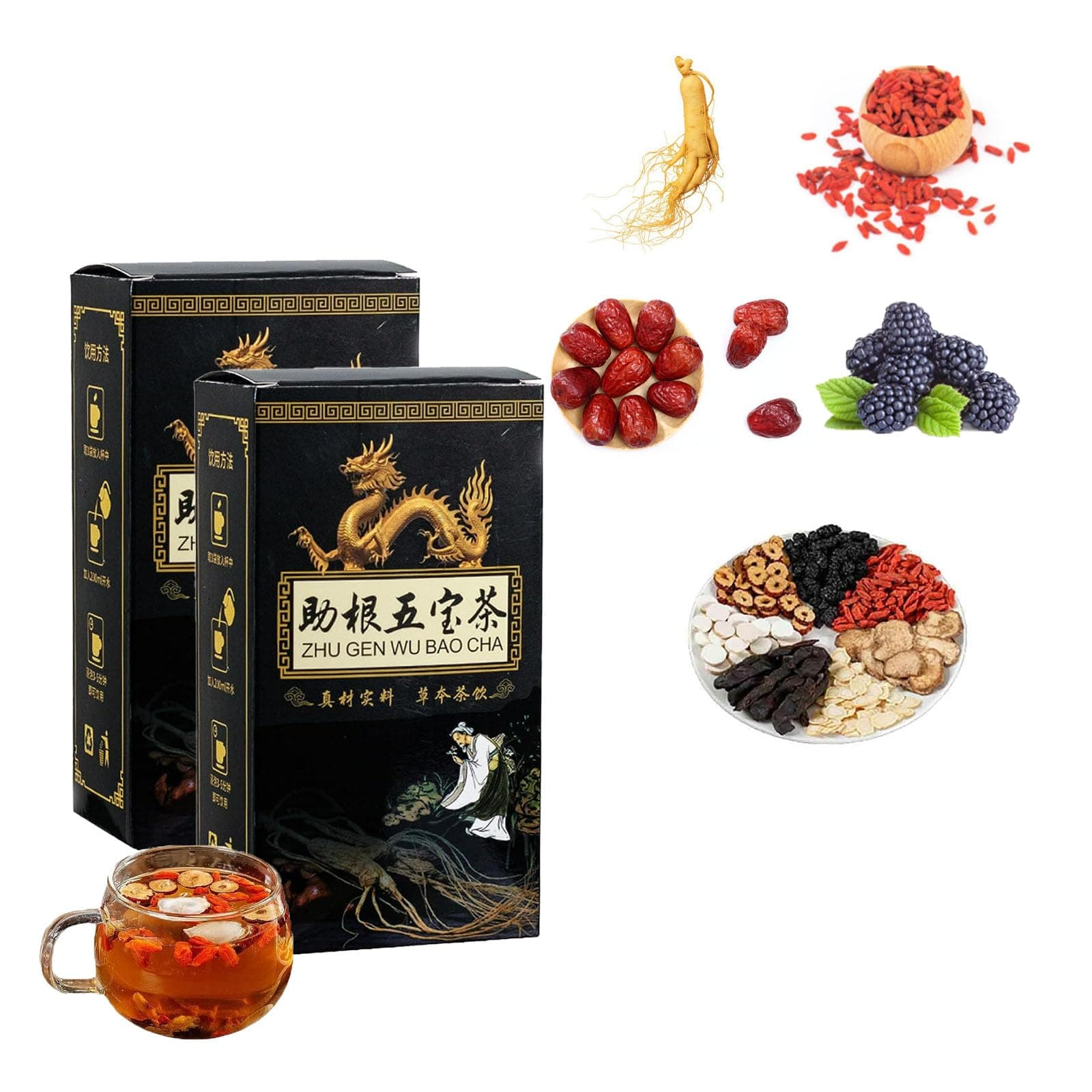 Ginseng Five Treasures Tea Kidney Tea,kidney tea formula ginseng five treasure tea,Men's Essentials Five Flacors Kidney Tea,Chinese Herbal Ginseng Tea for Tonic Men (2*PCS)