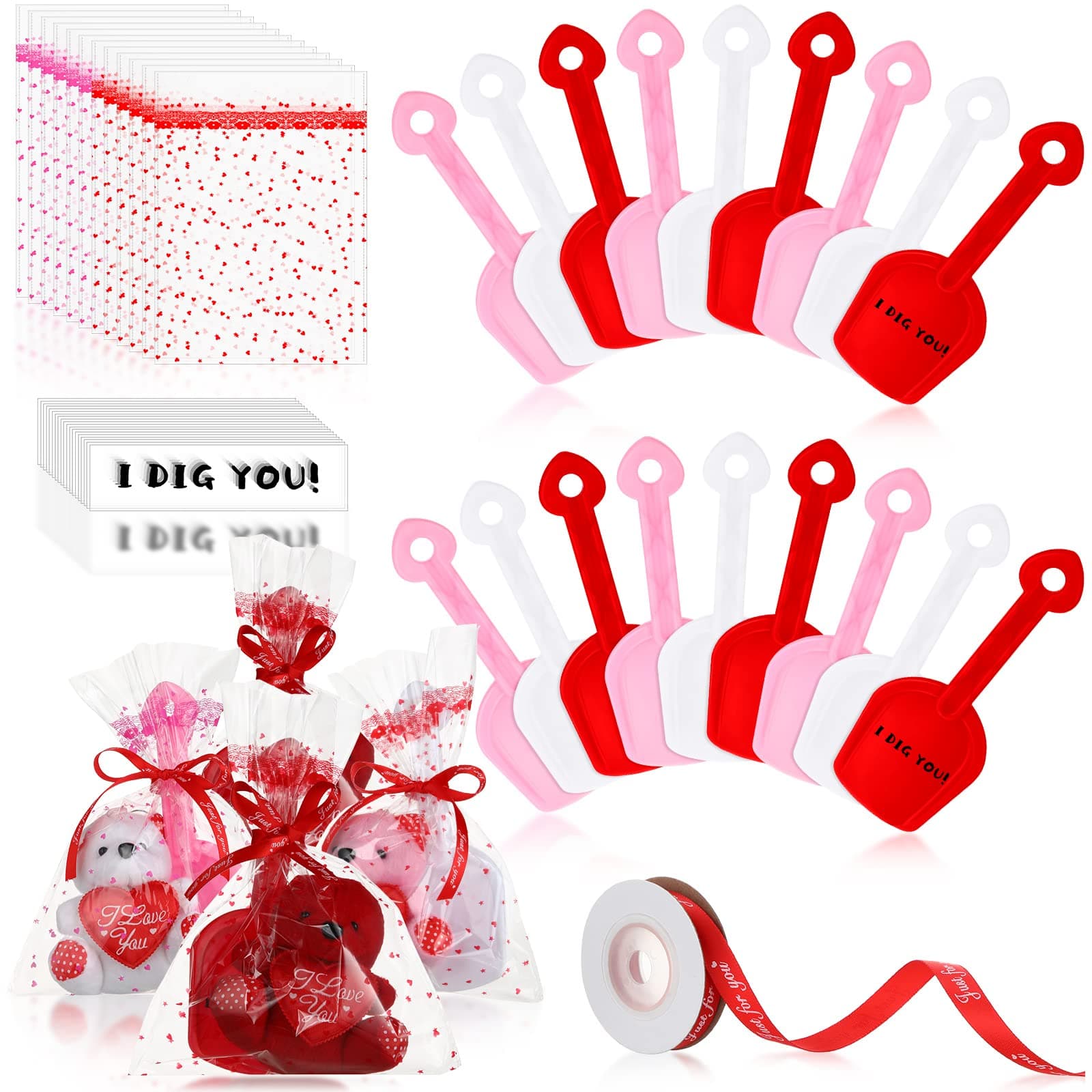 109 Pcs Valentine's Day Plastic Shovel Set Include 36 Pcs Plastic Shovels 36 Pcs Candy Bag 36 Pcs I Dig You Stickers 1 Red Ribbon Sand Small Plastic Shovels Party Favors for Kid Valentine's Class Gift