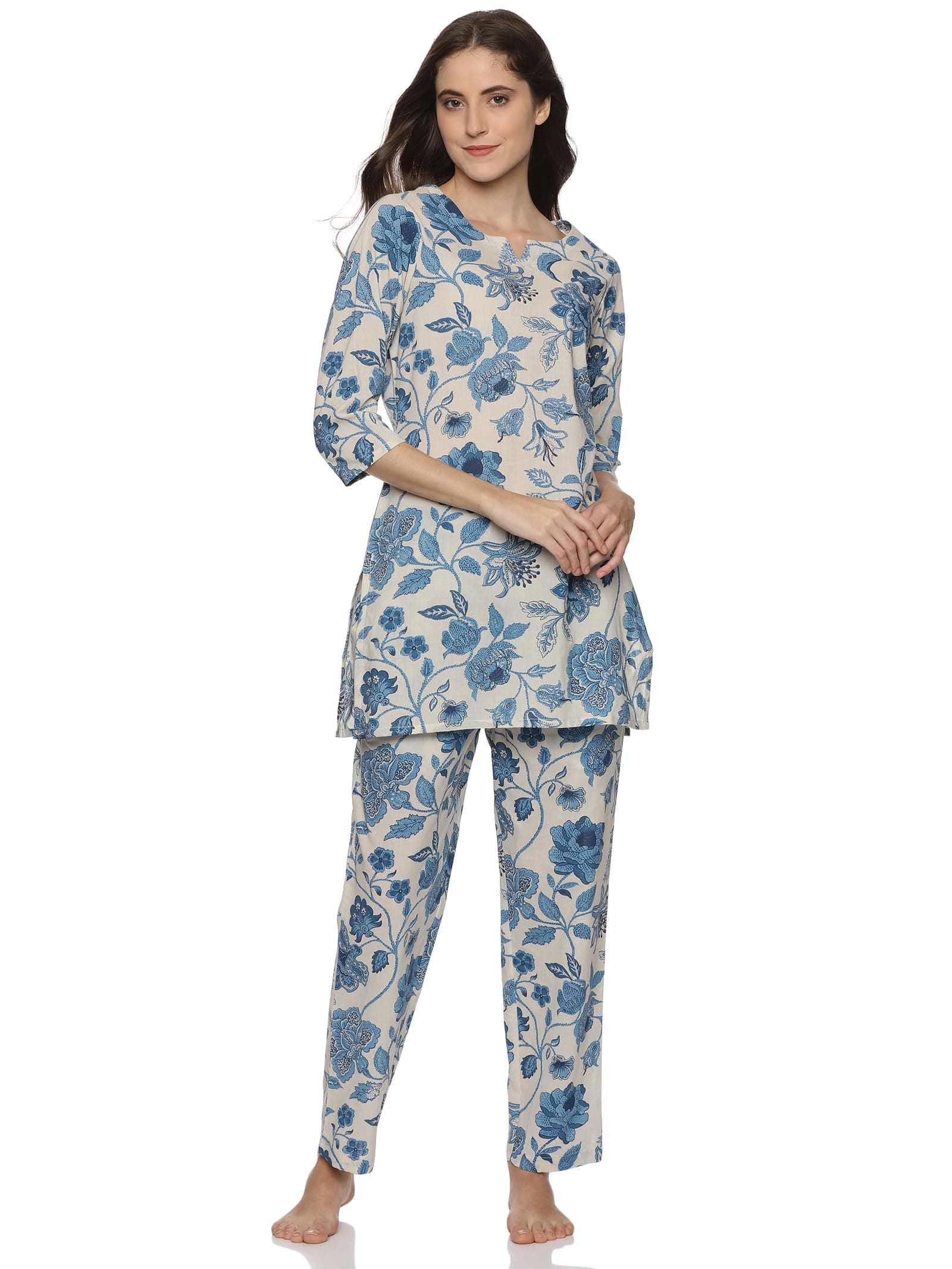 Women's Cotton All Over Flower Printed Night Suit Top And Pajama Sets