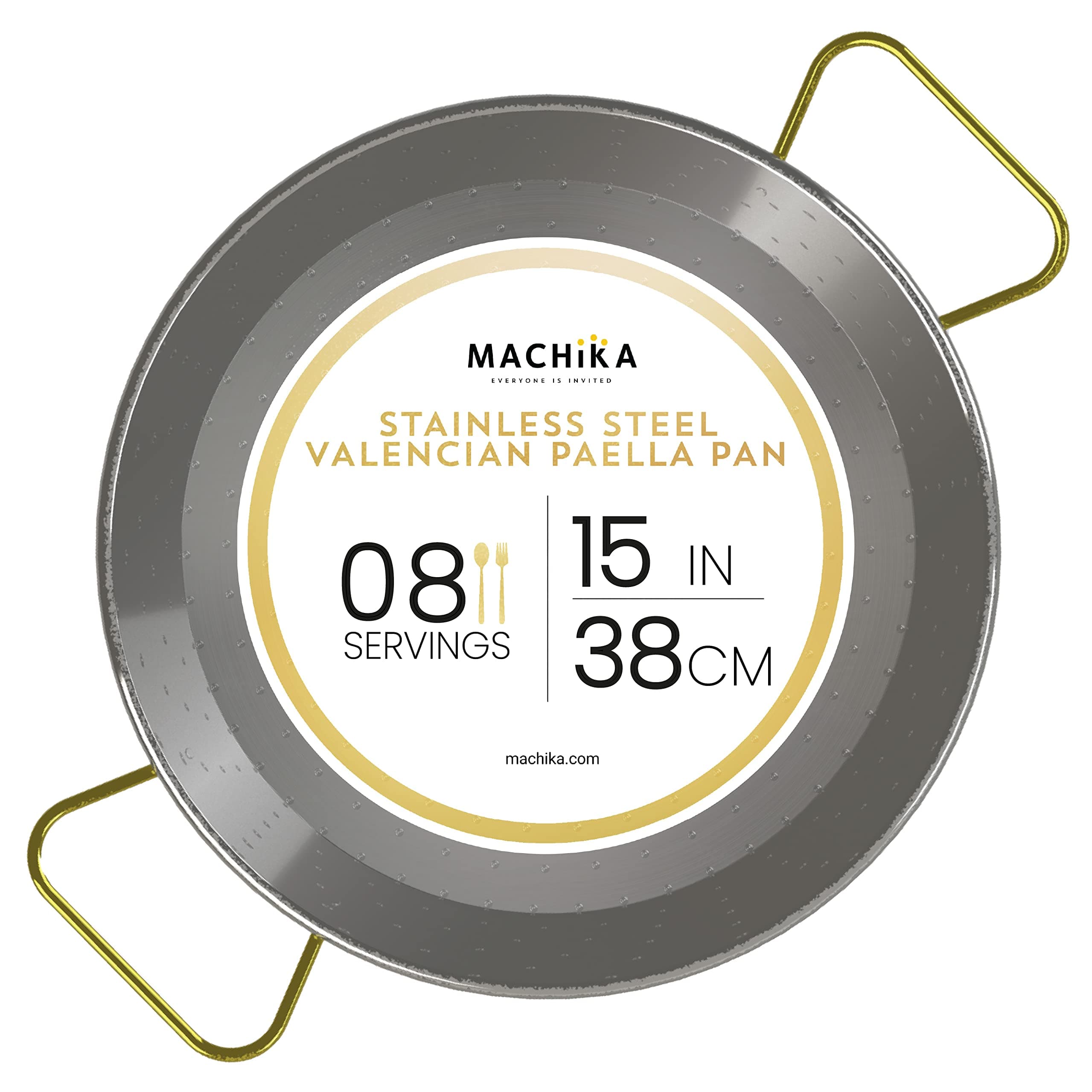 Machika Stainless Steel Paella Pan | Cooking Pan | Stainless Steel Skillet for Paella and Rice Recipes | Stainless Steel Valencian Paella Pan with Gold Handles | 8 Servings | 15 Inches |