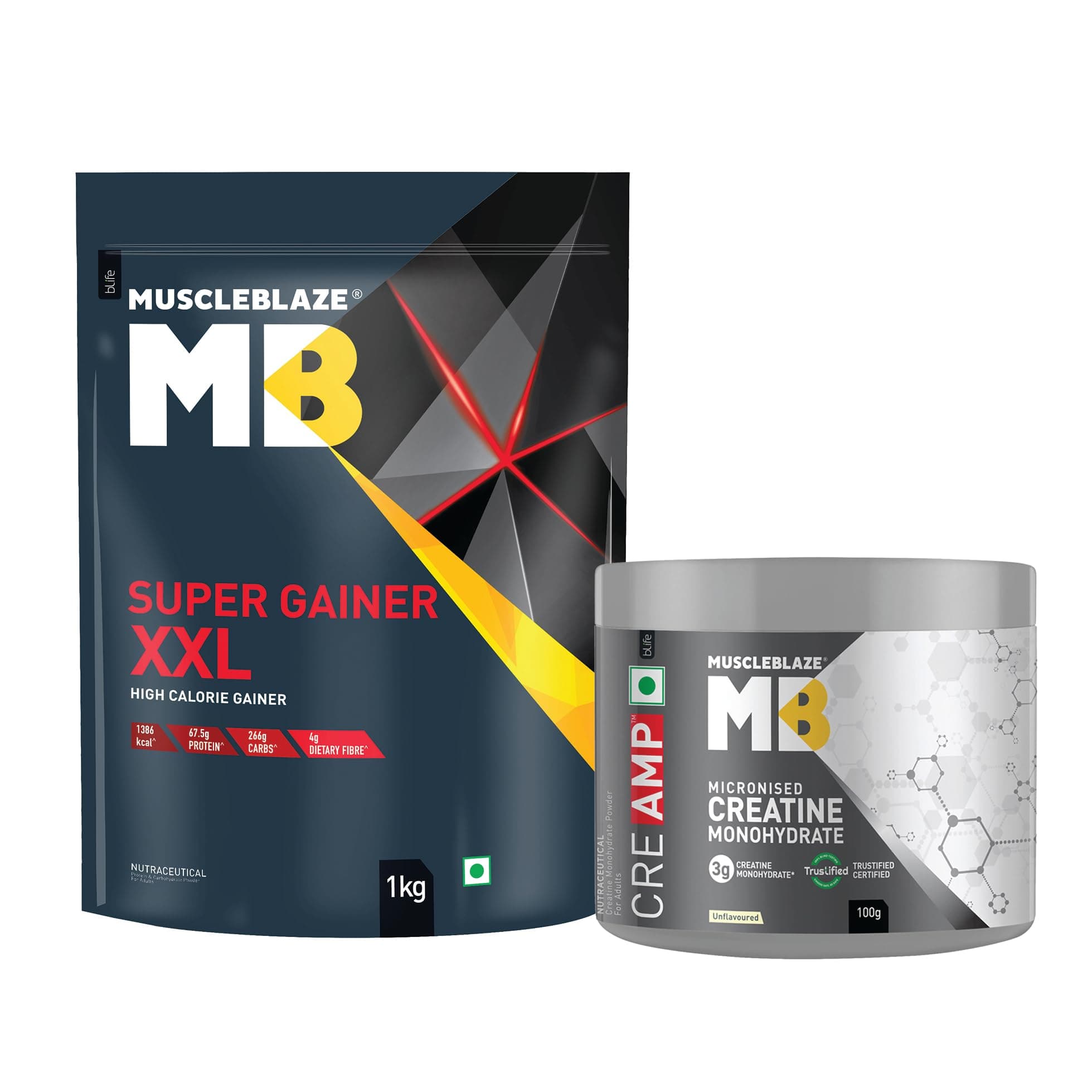 MuscleBlaze Super Gainer XXL Powder (Chocolate, 1kg / 2.2lbs, 10 Servings) with Creatine Monohydrate CreAMP (Unflavoured, 100g / 0.22lbs, 32 Servings) | Combo Pack