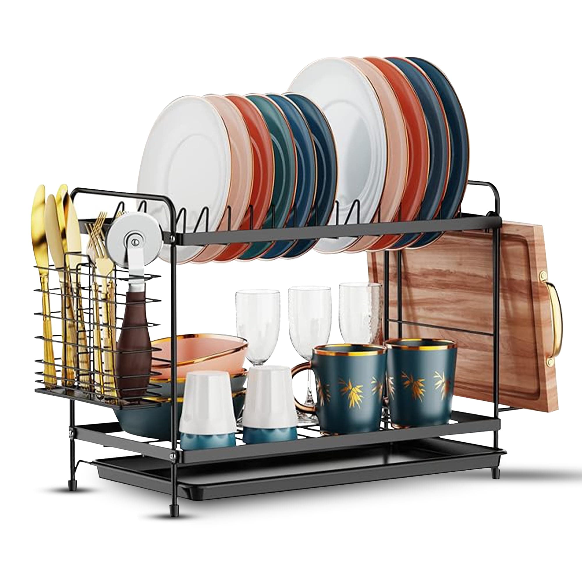 Dish Rack Dish Drying Stand with Cutlery Holder Rustproof Kitchen Sink Organizer Countertop Kitchen Organizer & Utensils Holder with Drip Tray Knife Holder (2-Tier BLACK)