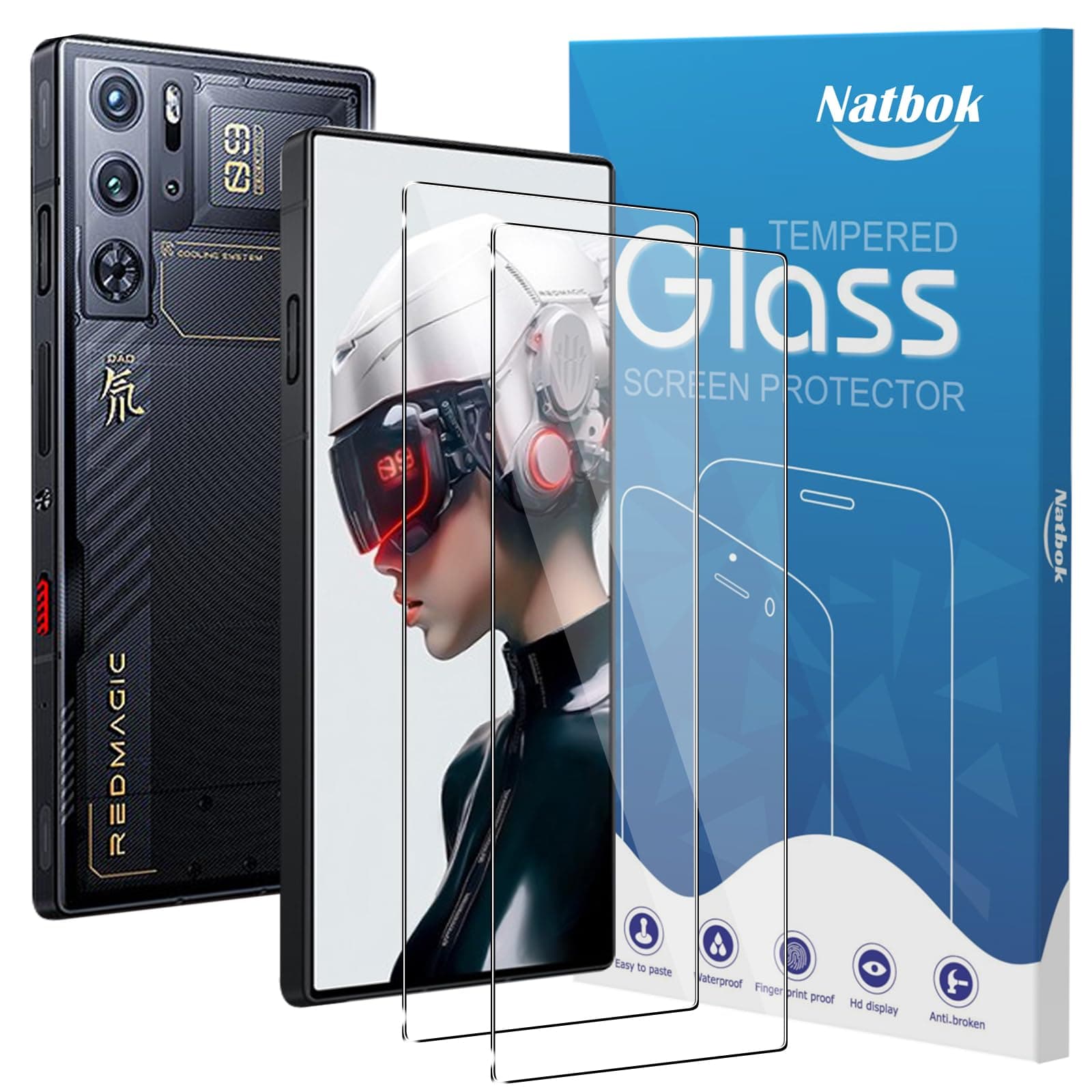 Natbok 2 Pack Tempered Glass for Red Magic 9 Pro/9 Pro+/9S/9S Pro+/Magic 8 Pro Screen Protector,9H Hardness,Ultra Resistant,Anti-Fingerprints,Full Coverage Phone Film for Red Magic 9 Pro