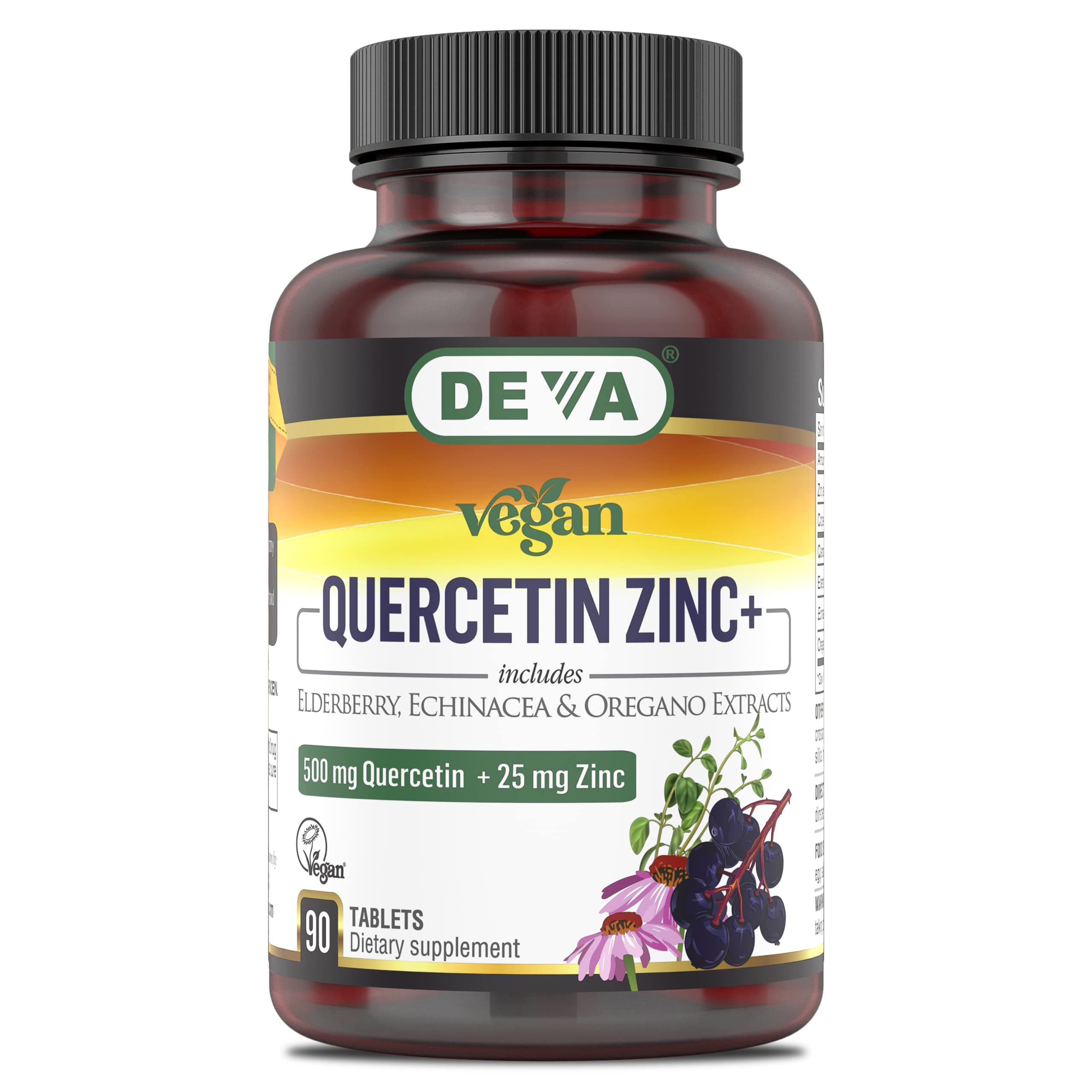 DEVAVegan Quercetin 500mg Plus 25mg Zinc with Elderberry, Echinacea and Oregano Extracts -No Animal Ingredients - 90 Tablets, 1-Pack