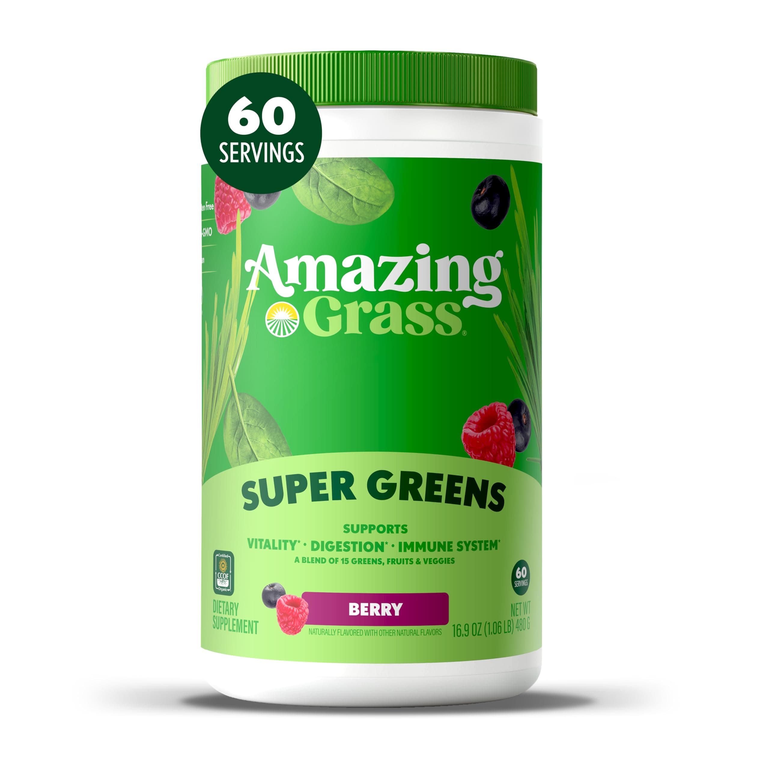 Amazing Grass Greens Blend Superfood: Super Greens Powder Smoothie Mix with Spirulina, Chlorella, Beet Root Powder, Digestive Enzymes & Probiotics, Berry, 60 Servings (Packaging May Vary)