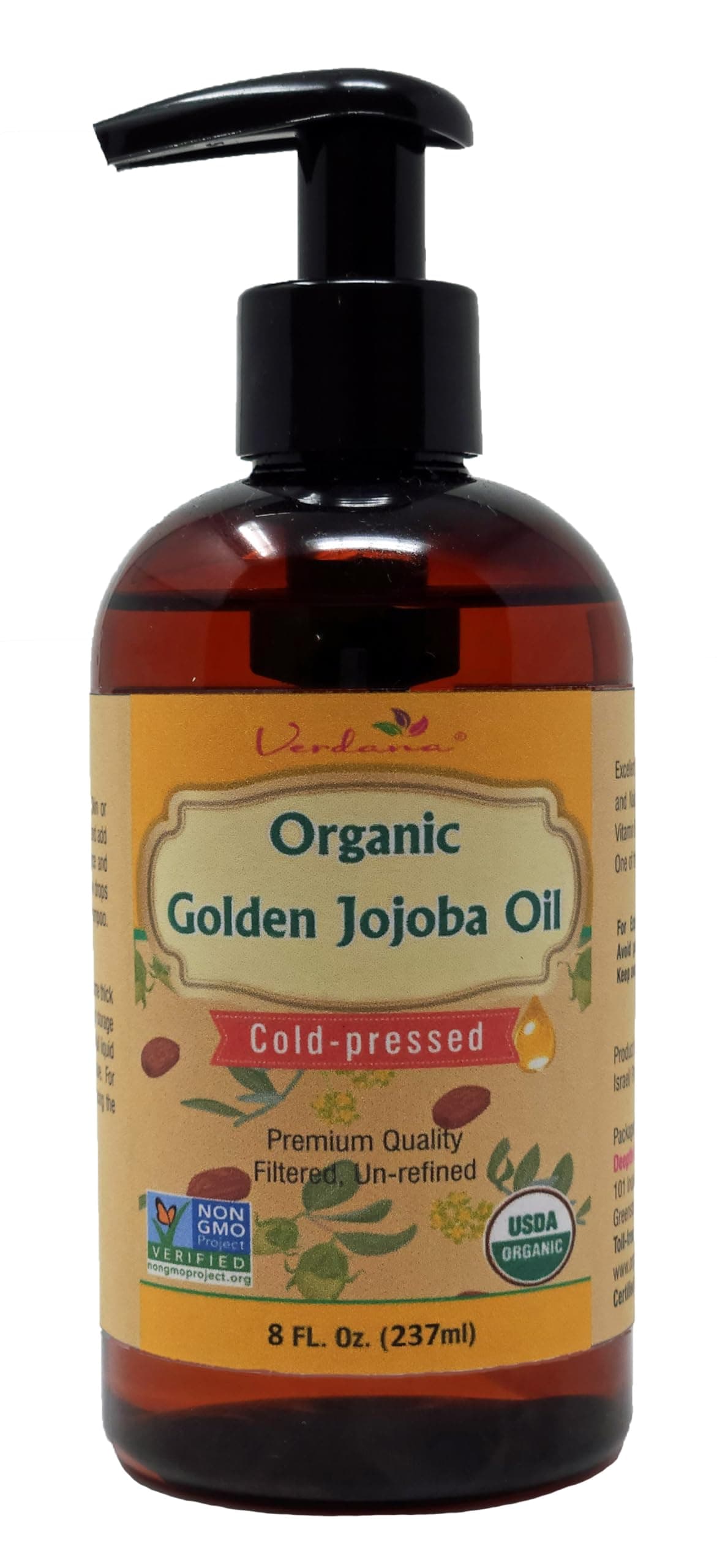 Verdana Organic Golden Jojoba Oil – 8 fl oz with Pump - USDA, Non-GMO - Cold Pressed, Unrefined, Hexane Free - Bulk, Moisturizing Oil for Skin, Body, Face, Hair, Scalp, Nails and Cuticles
